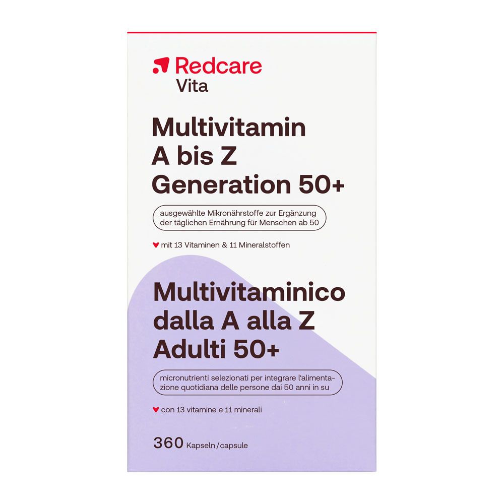 Vorderseite der Redcare Vita Multivitamin A bis Z Generation 50+ Verpackung mit 360 Kapseln.