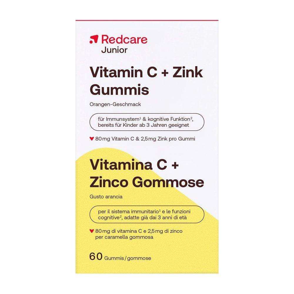 Redcare Junior Vitamin C + Zink Gummis Verpackung, 60 Stück, Orangengeschmack.
