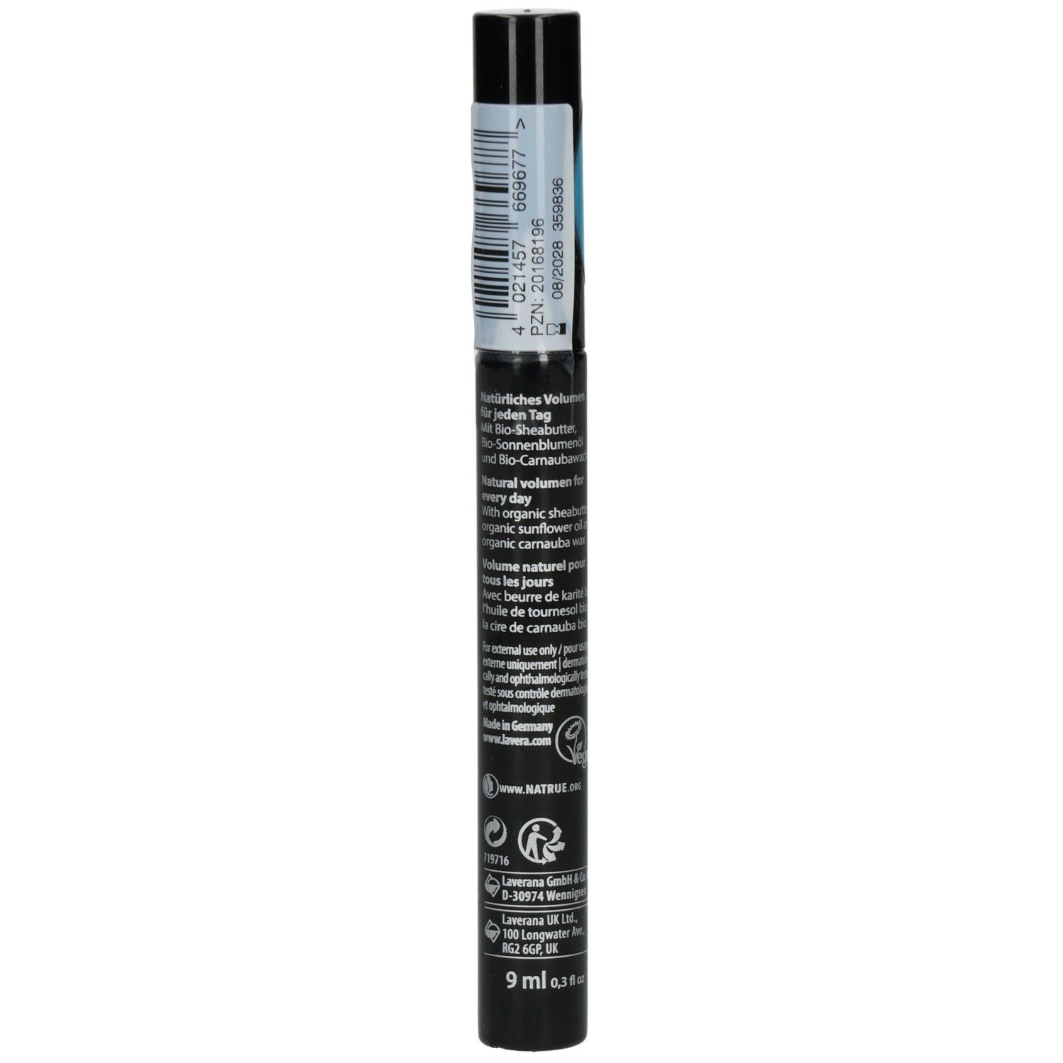 Rückseite der Lavera Volume Mascara Water Resistant, schwarz, 9ml, mit BIO-Siegel.