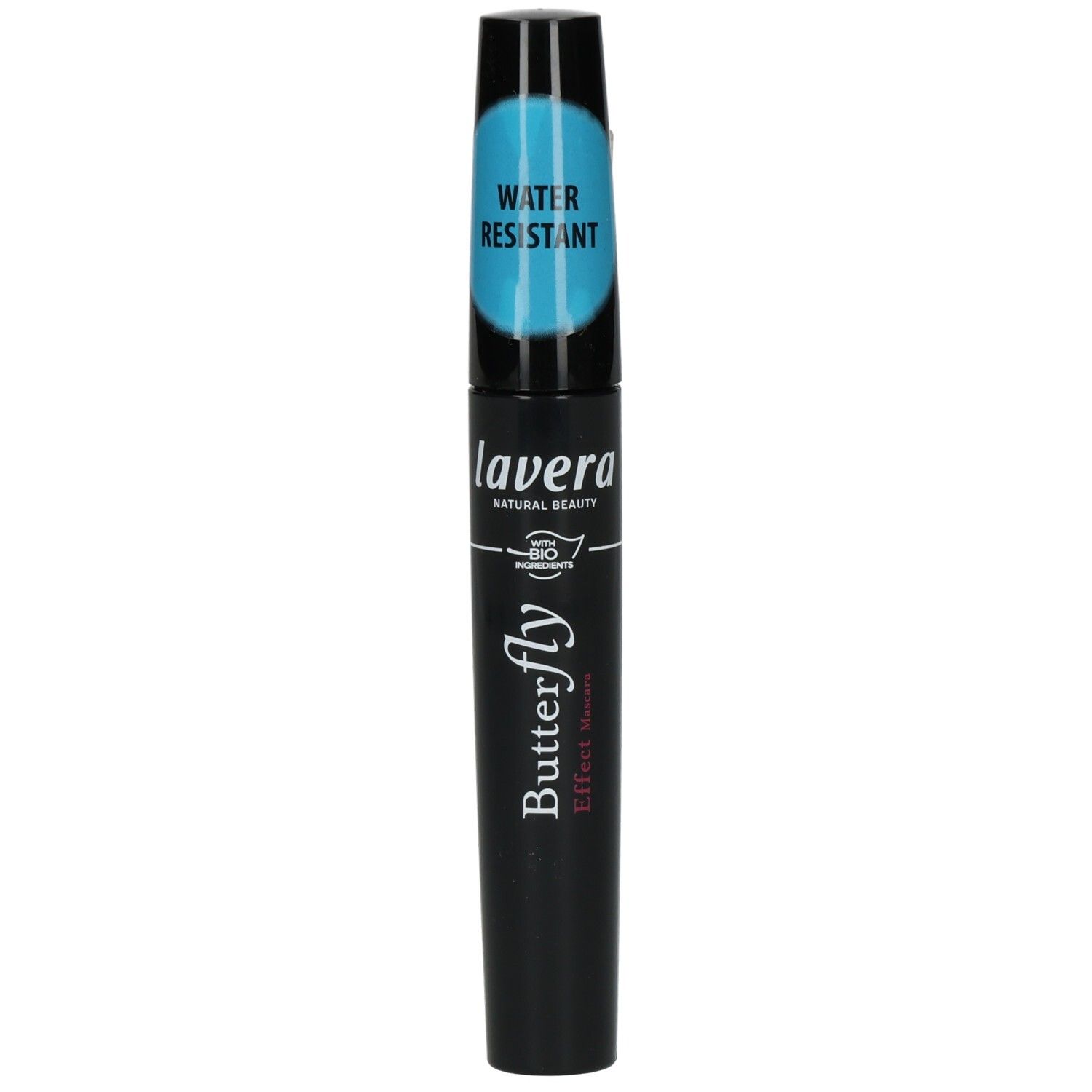 Schwarze Mascarahülse mit blauem Akzent und weißer Schrift. Enthält die Aufschrift "WATER RESISTANT" und "lavera".