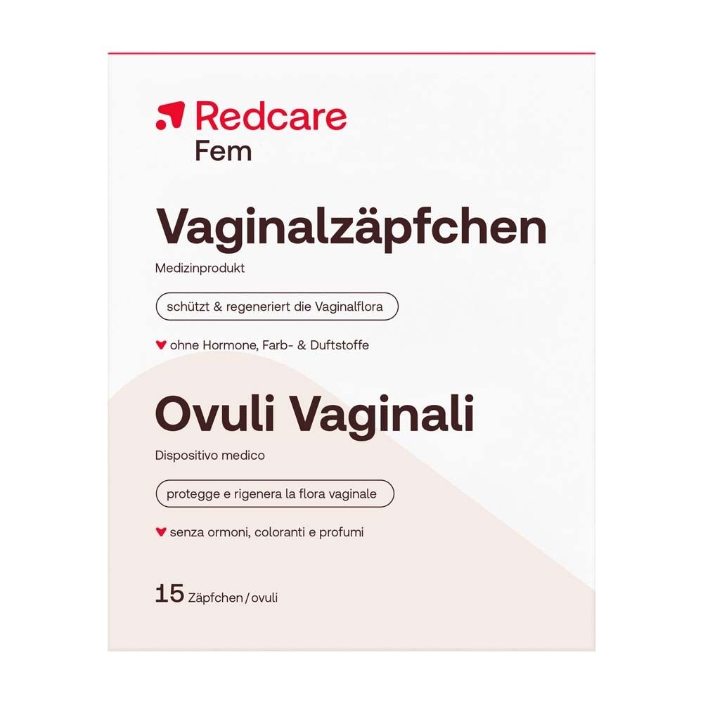 Redcare Fem Vaginalzäpfchen Packung mit 15 Stück.