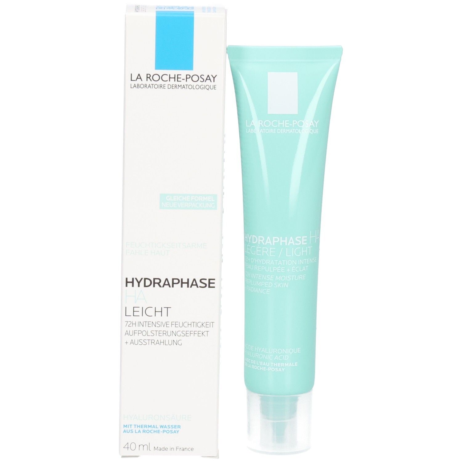 Hellgrüne Tube und Karton. Auf der Tube Logo und Produktname. Auf dem Karton Produktname und weitere Informationen.