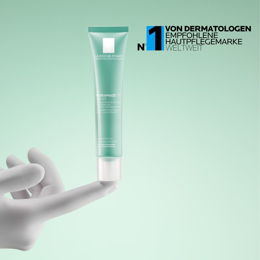 Grüne Tube La Roche-Posay Hydraphase HA Leicht. Logo: Nr. 1 von Dermatologen empfohlen.