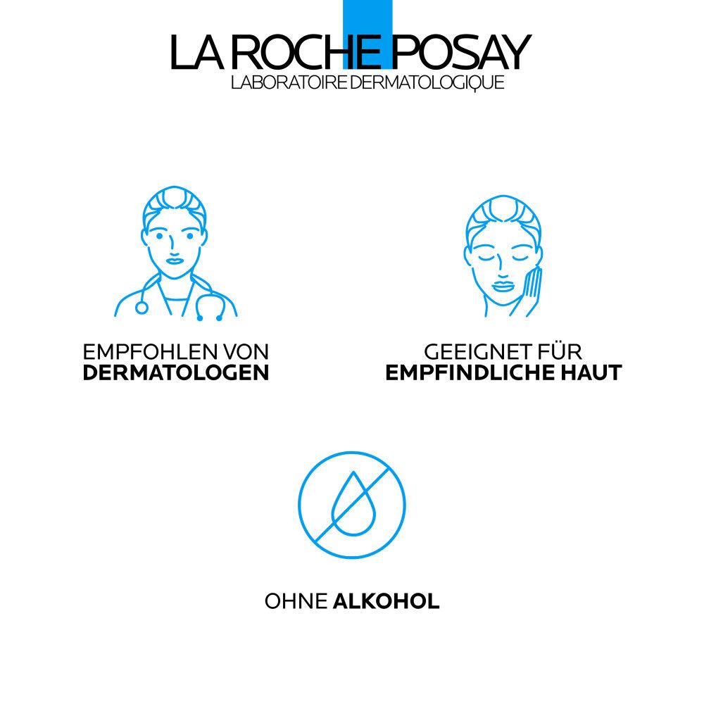 La Roche-Posay Logo. Text: Empfohlen von Dermatologen, geeignet für empfindliche Haut, ohne Alkohol.