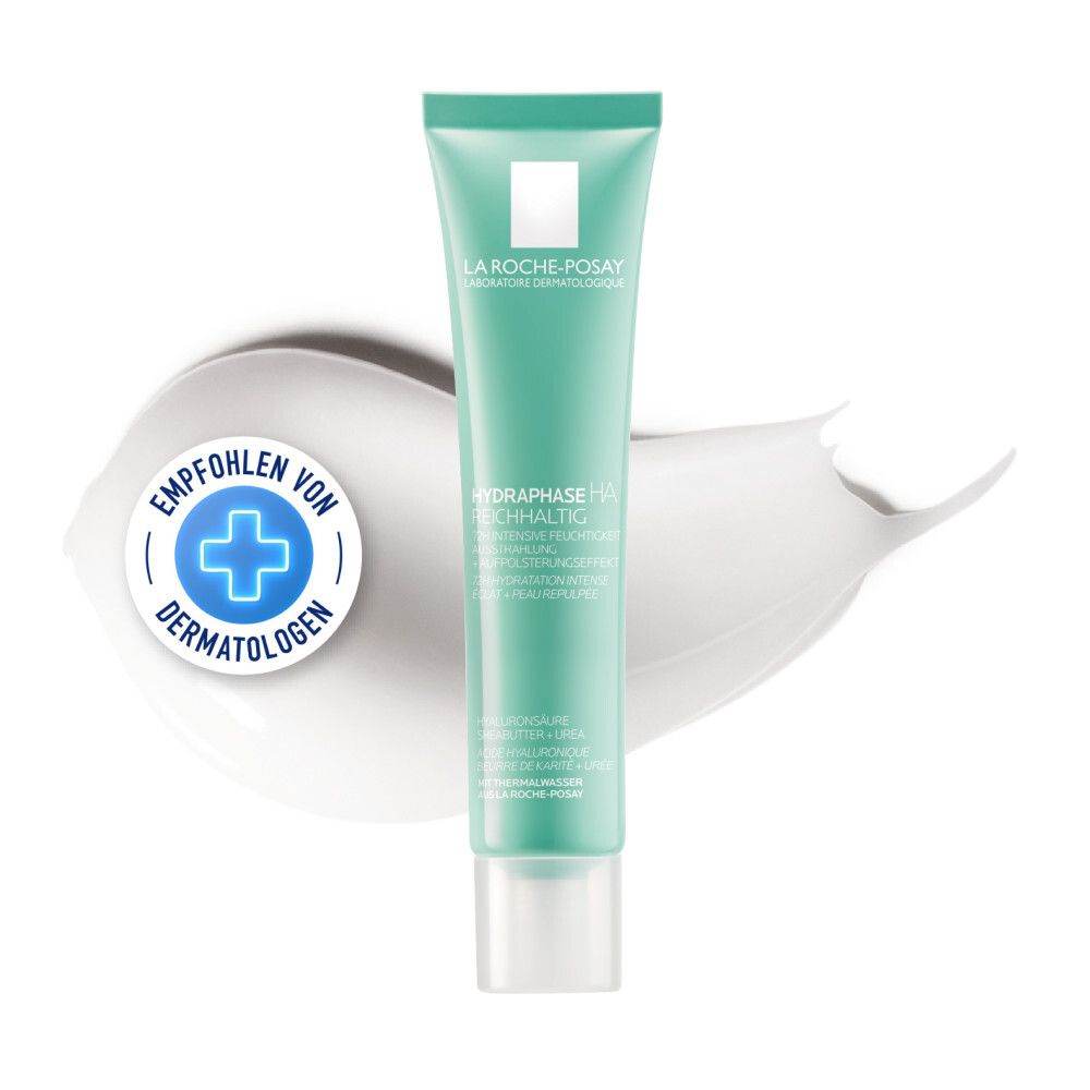 Grüne Tube mit weißer Creme. Aufschrift: La Roche-Posay, Hydraphase HA Reichhaltig. Empfohlen von Dermatologen.