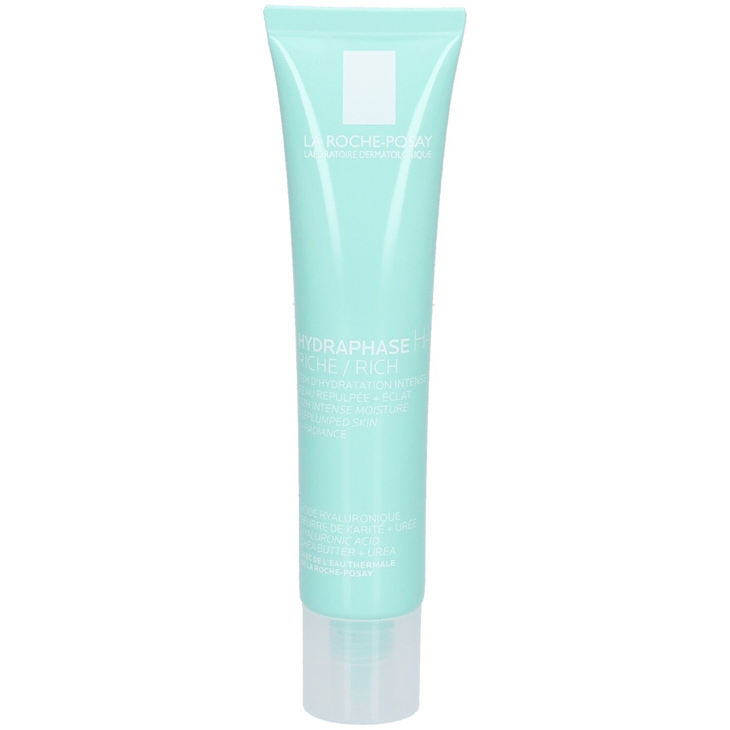 Türkisfarbene Tube mit weißem Deckel. Aufschrift La Roche-Posay und Hydraphase HA Rich.