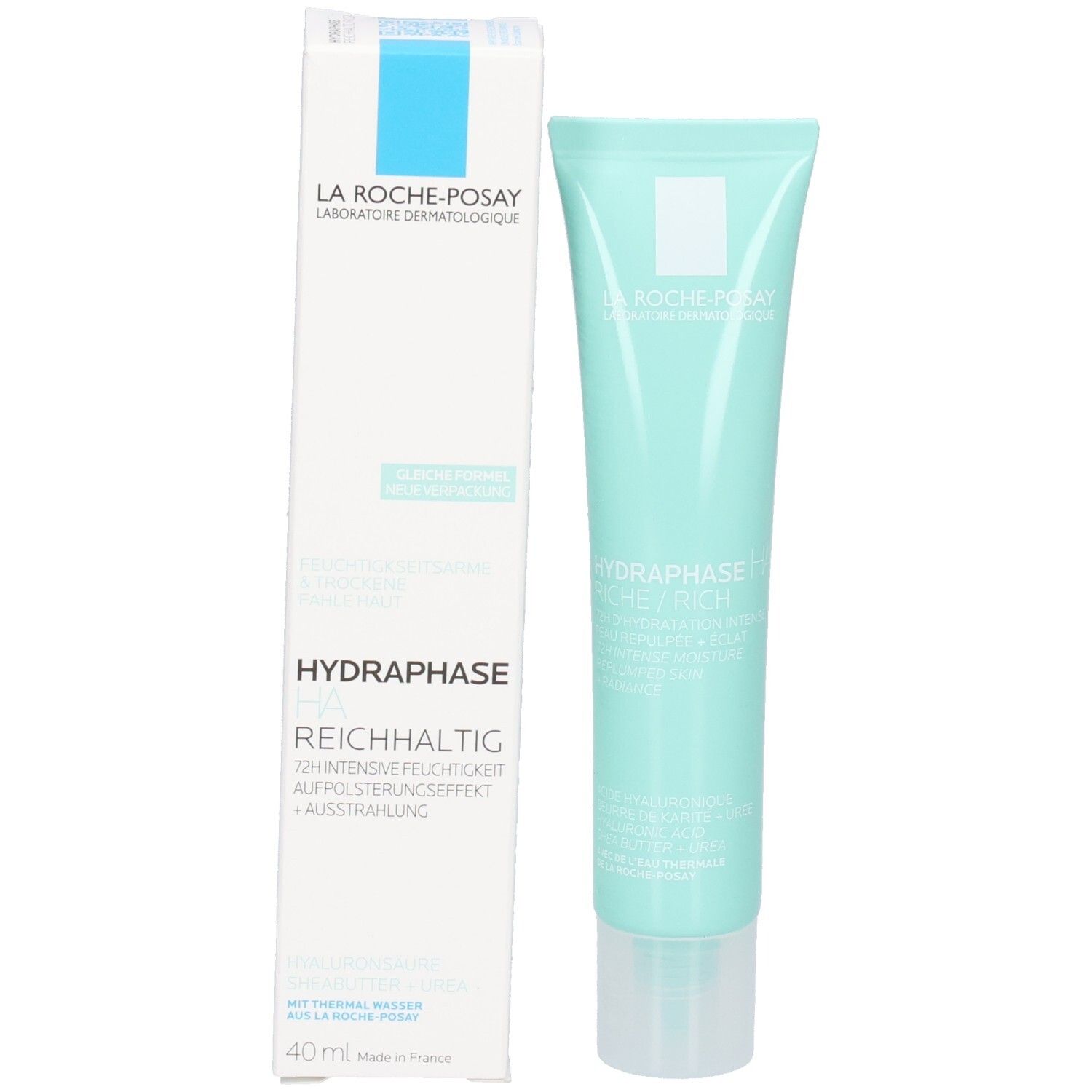 Produkt und Verpackung. Türkisfarbene Tube und weiße Schachtel. Aufschrift La Roche-Posay und Hydraphase.