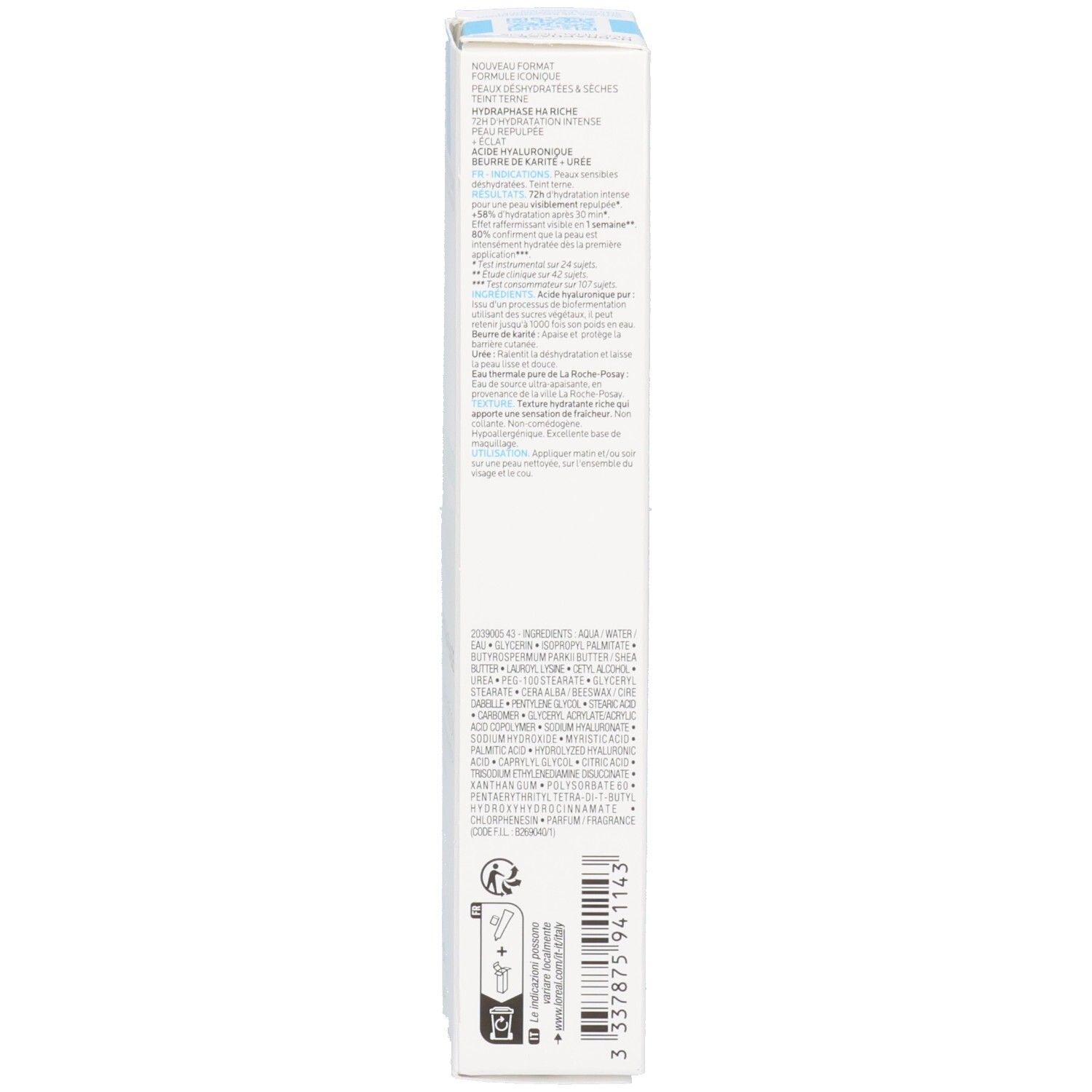 Rückseite der weißen Schachtel. Text in mehreren Sprachen.