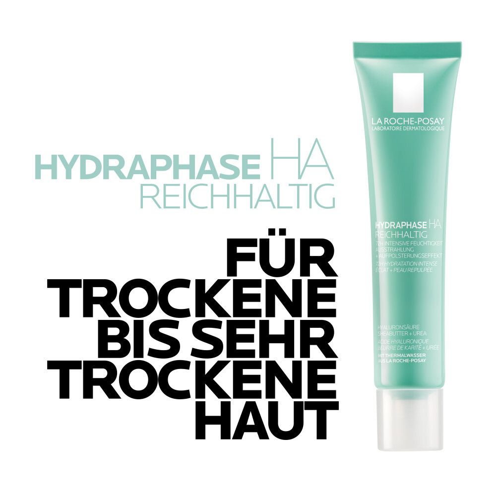 Grüne Tube mit Text: Hydraphase HA Reichhaltig. Für trockene bis sehr trockene Haut.