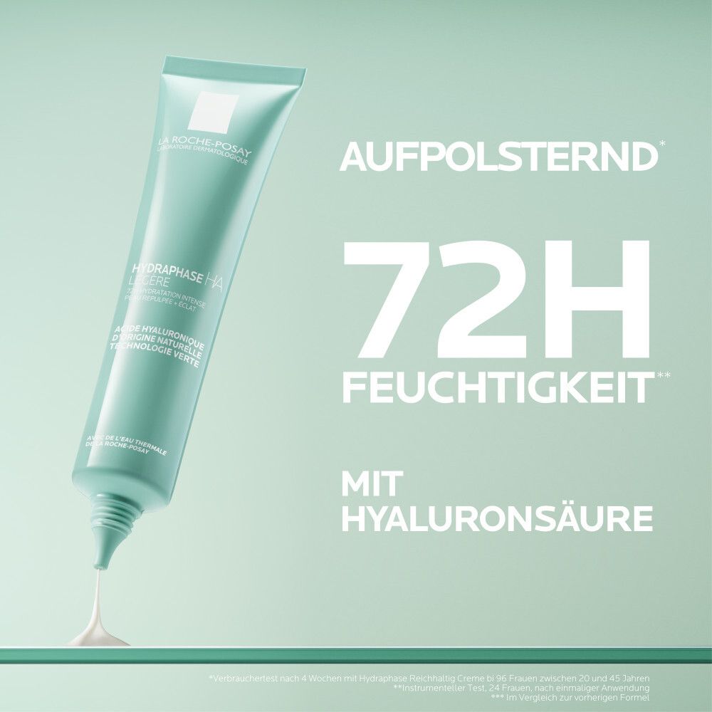 Grüne Tube mit Text: 72H Feuchtigkeit, mit Hyaluronsäure. Creme-Ausfluss.