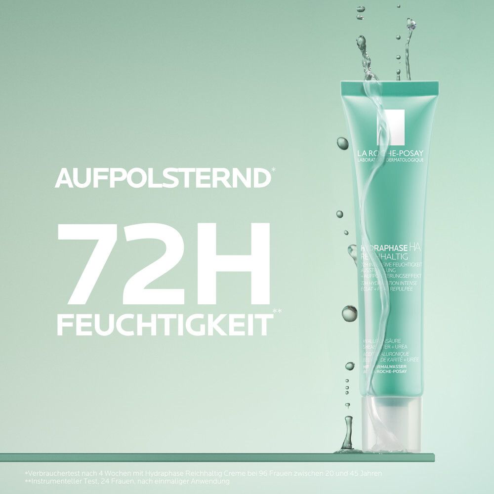 Grüne Tube mit Text: 72H Feuchtigkeit, mit Hyaluronsäure. Wasser-Effekt.