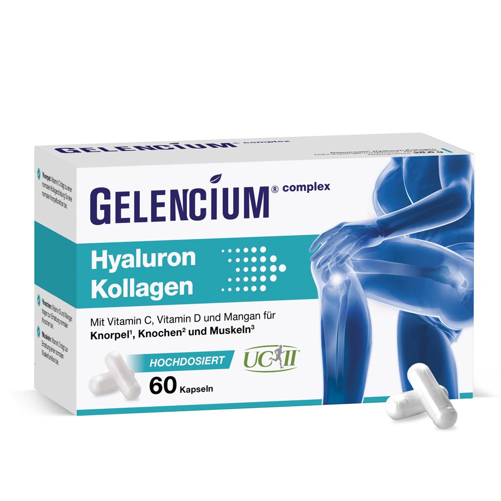 GELENCIUM Hyaluron Kollagen Kapseln. Weiße Kapseln neben einer weißen Schachtel mit Produktinformationen und Illustration.