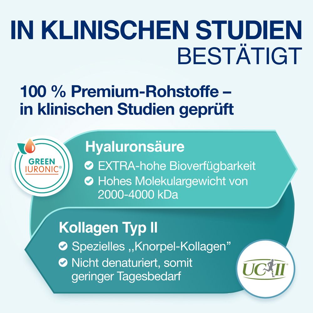 Grafik mit Informationen zu Hyaluronsäure und Kollagen Typ II. Enthält Informationen über Premium-Rohstoffe.