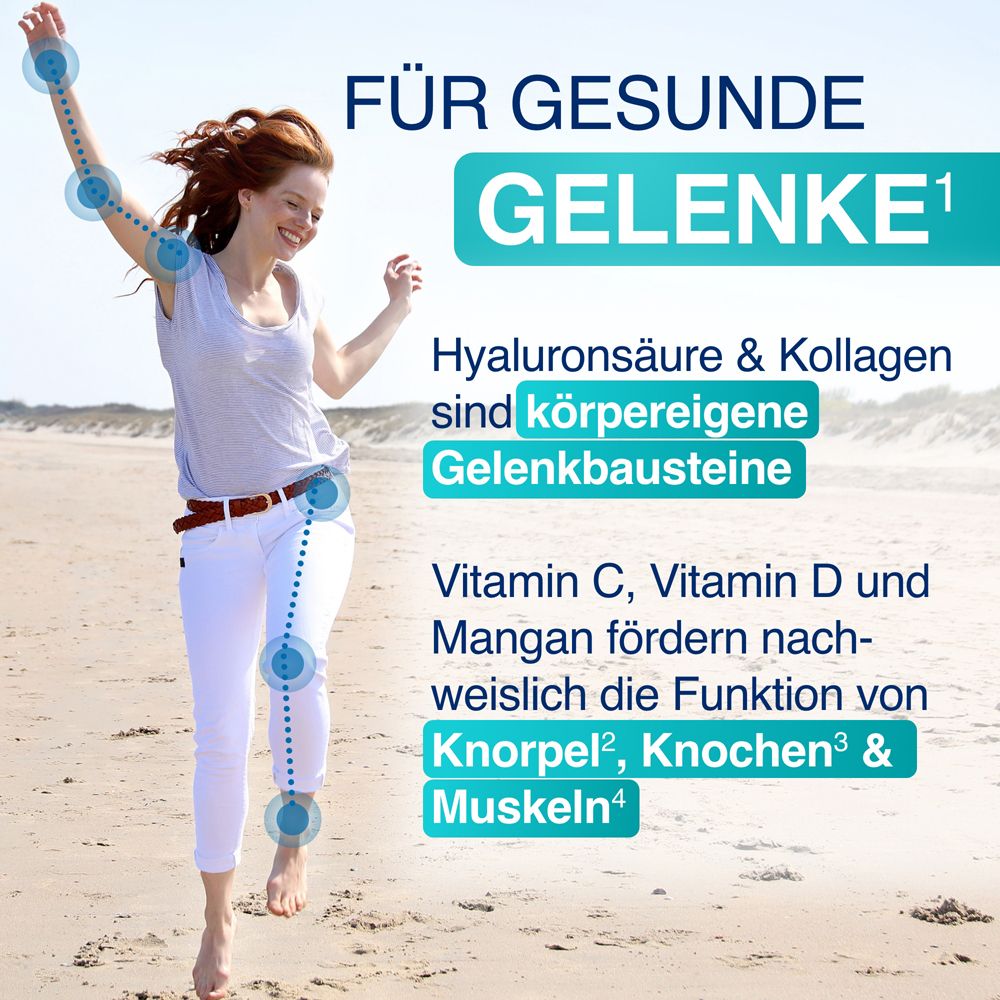 Frau rennt am Strand. Grafik zeigt Informationen zu gesunden Gelenken. Enthält Hyaluronsäure und Kollagen.