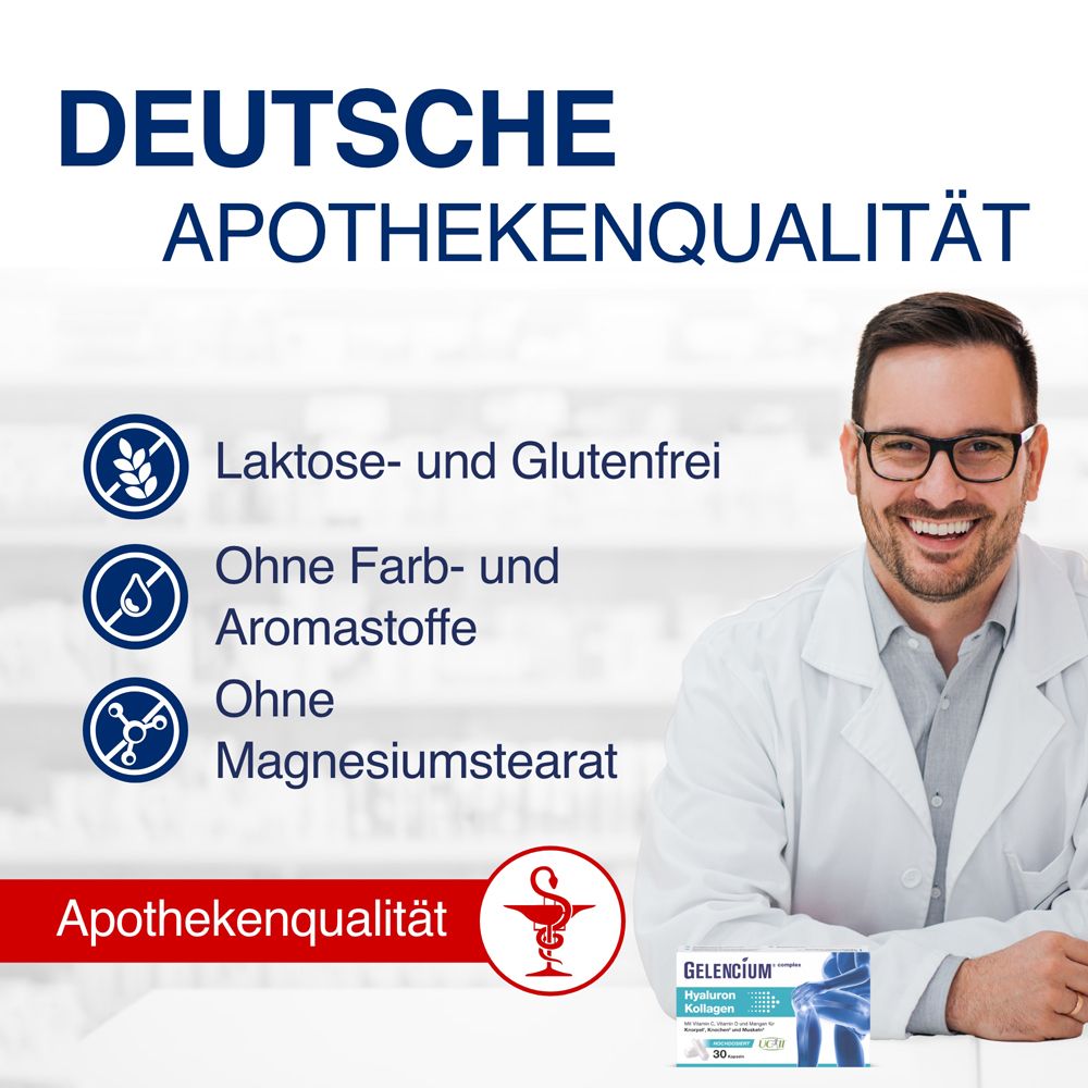 Ein Mann im weißen Kittel. Enthält Informationen über Apothekenqualität. Produkt GELENCIUM Hyaluron Kollagen.
