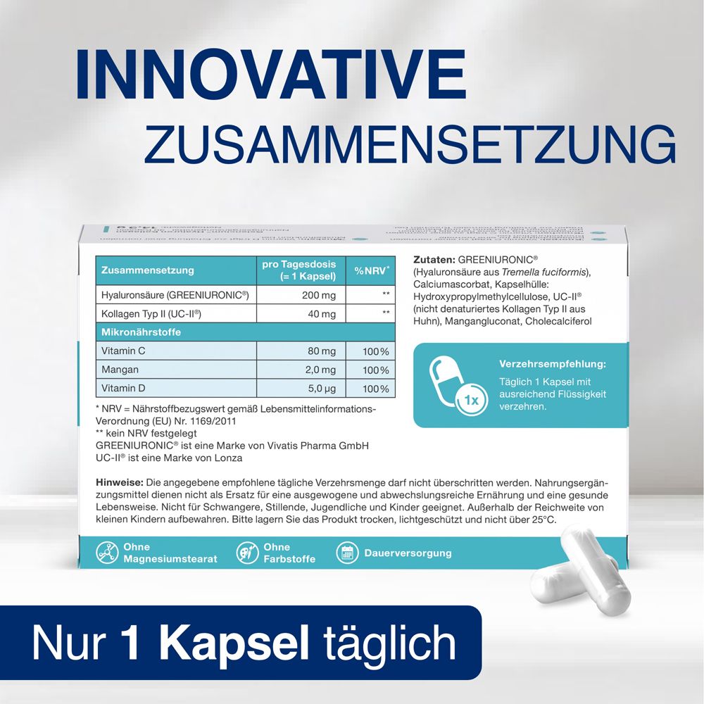 Informationen zur Zusammensetzung von GELENCIUM Hyaluron Kollagen. Enthält Hyaluronsäure, Kollagen, Vitamine.