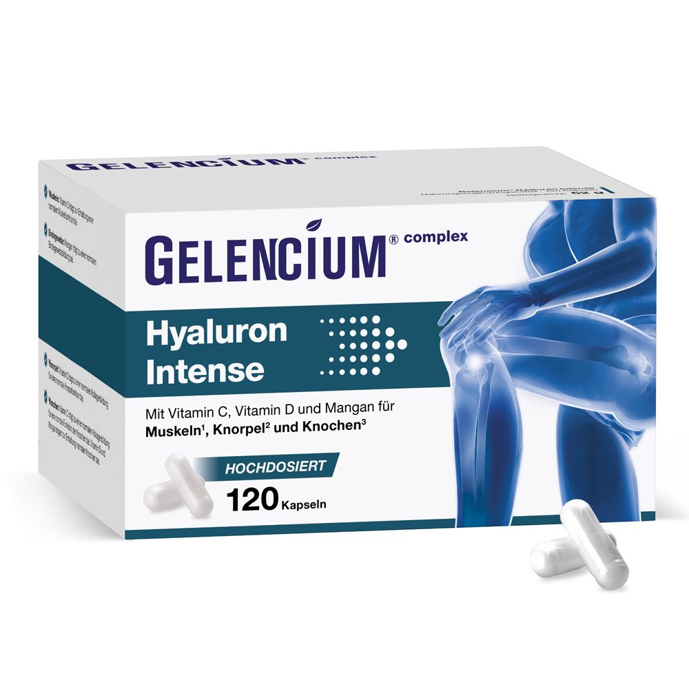 GELENCIUM® Hyaluron Intense Packung. 120 Kapseln. Enthält Vitamin C, D, Mangan. Für Muskeln, Knorpel und Knochen.