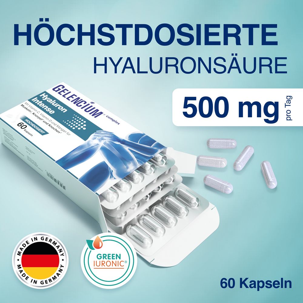 Packung GELENCIUM® Hyaluron Intense. 60 Kapseln. 500 mg Hyaluronsäure. Enthält 60 Kapseln. Made in Germany. Green IURONIC®.