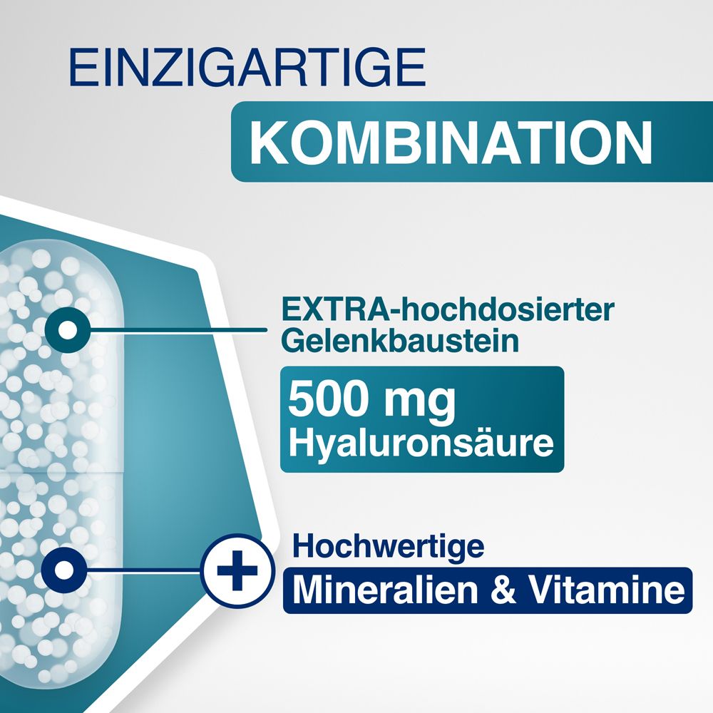 Kapsel mit 500 mg Hyaluronsäure. Enthält Mineralien und Vitamine. Blaue und weiße Kapsel. Detailansicht.