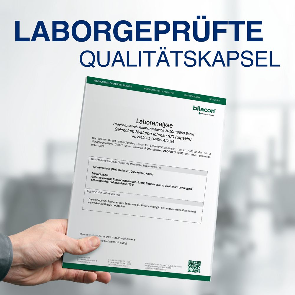 Laboranalyse von GELENCIUM® Hyaluron Intense. Qualitätskapsel. Analysebericht. Hand hält Dokument.