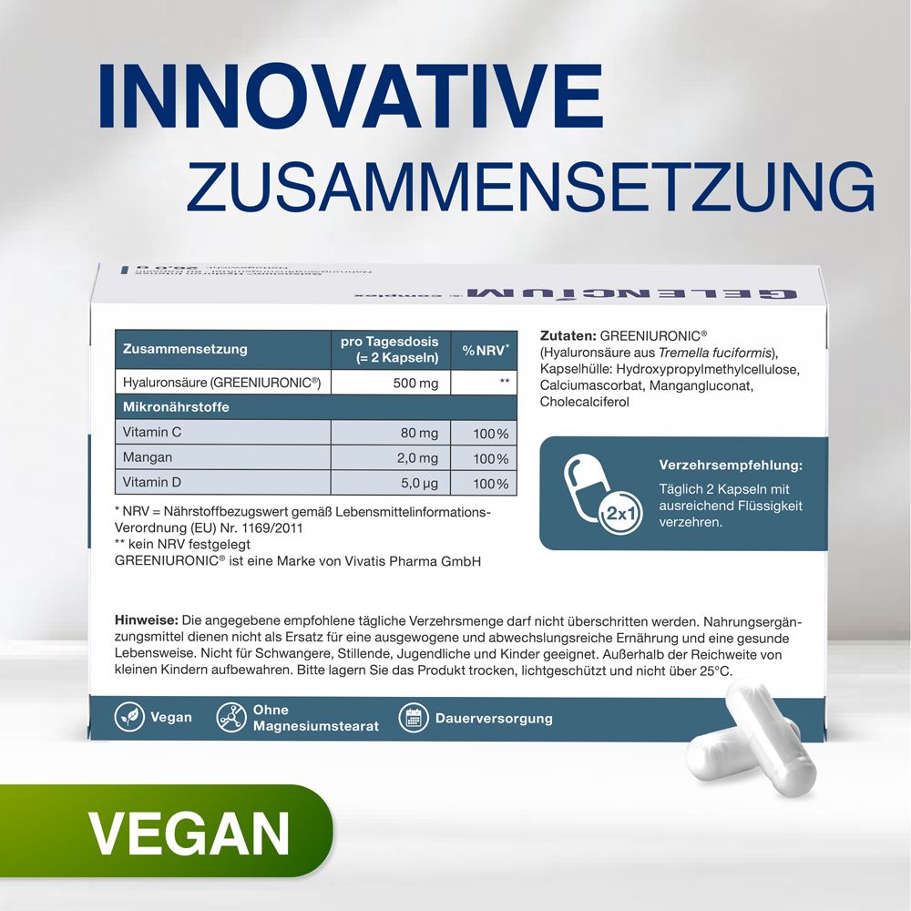 Rückseite der GELENCIUM® Hyaluron Intense Packung. Inhaltsstoffe, Verzehrempfehlung. Vegan. Ohne Magnesiumstearat.