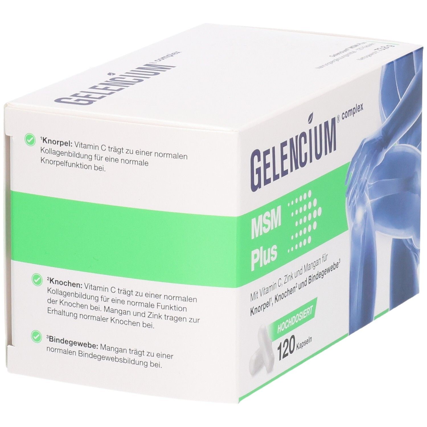 Weiße Schachtel GELENCIUM MSM Plus. Enthält 120 Kapseln. Aufdruck: Vitamin C, Zink, Mangan. Textabschnitte auf grünem Hintergrund.
