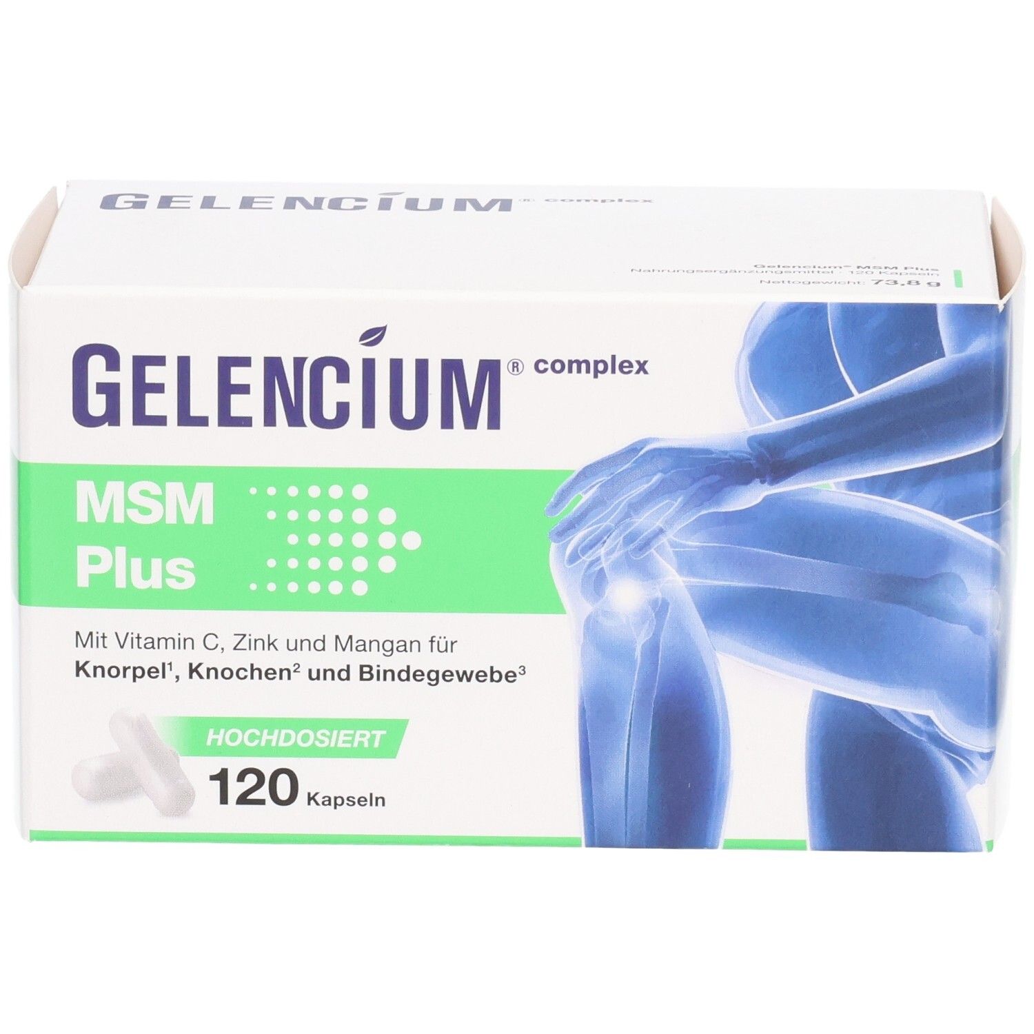 Weiße Schachtel GELENCIUM MSM Plus. Enthält 120 Kapseln. Aufdruck: Vitamin C, Zink, Mangan. Abbildung eines Kniegelenks. Kapseln.