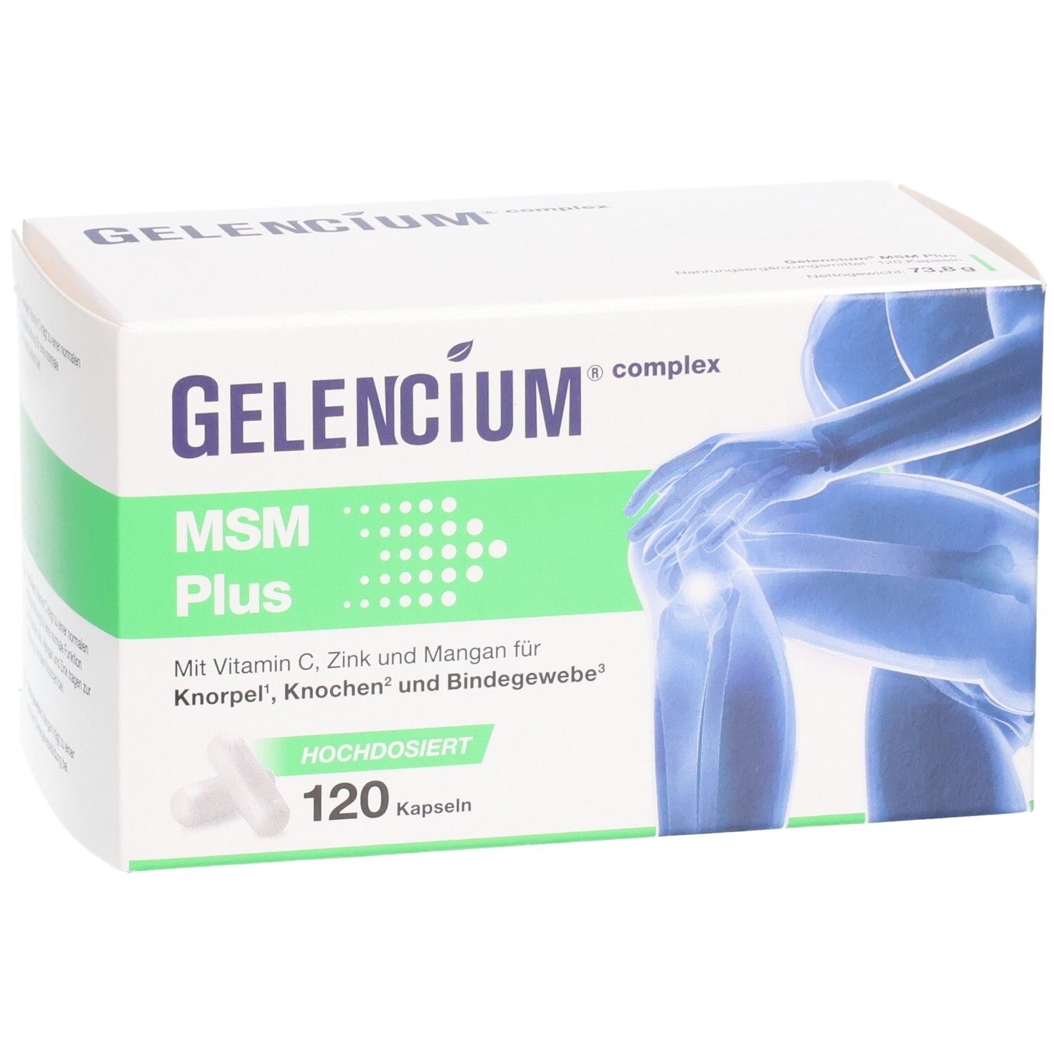 Weiße Schachtel GELENCIUM MSM Plus. Enthält 120 Kapseln. Aufdruck: Vitamin C, Zink, Mangan. Abbildung eines Kniegelenks. Kapseln.