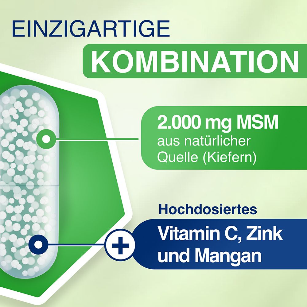 Kapsel mit weißen Kügelchen, 2000 mg MSM aus natürlicher Quelle, Vitamin C, Zink und Mangan.