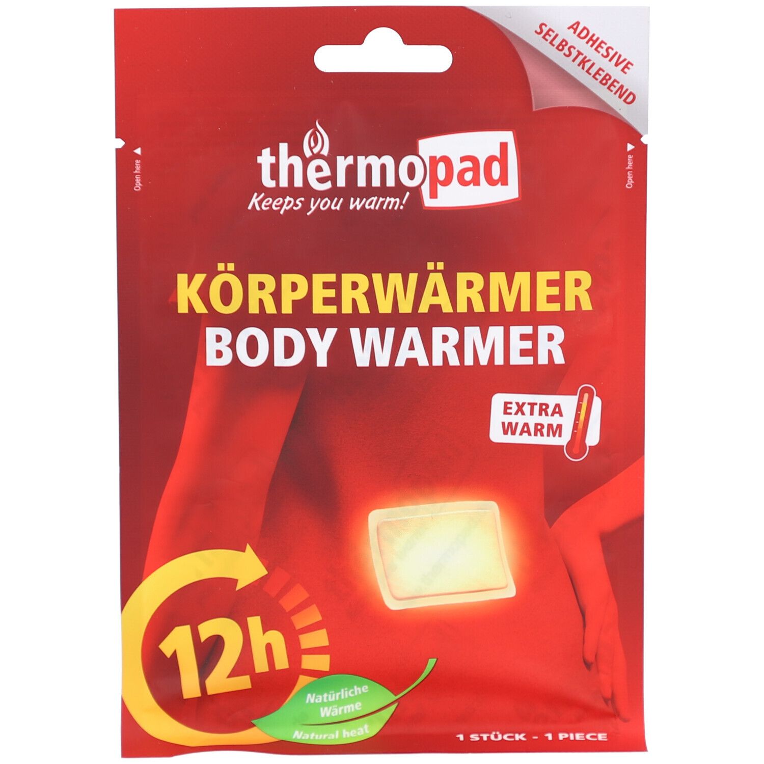 Rote Verpackung mit Produktabbildung. Schriftzug: thermopad Körperwärmer. Zusatz: Extra warm. 12h Wärme.