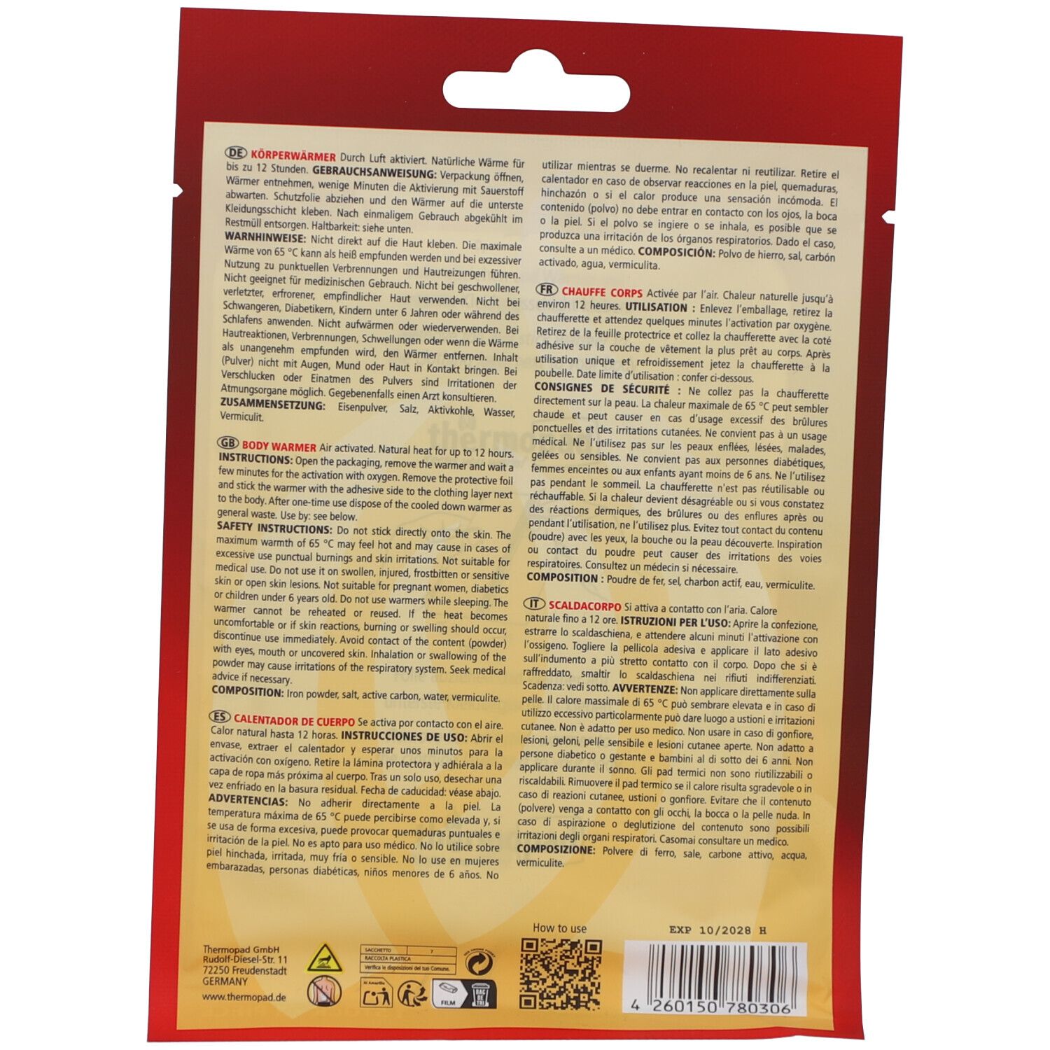 Rückseite der Verpackung. Text in Deutsch, Französisch, Italienisch und Spanisch. QR-Code und Haltbarkeitsdatum.