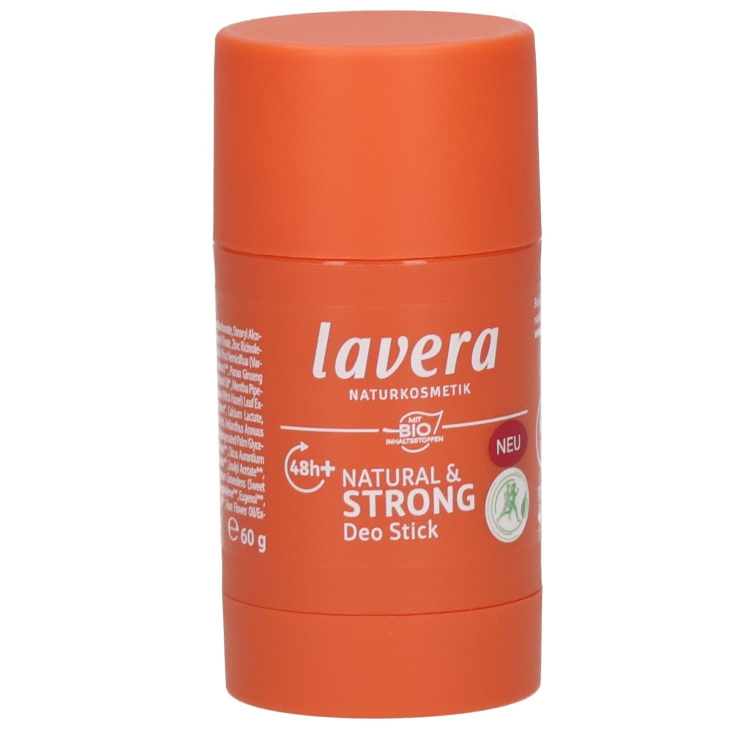 Lavera Deo Stick Natural & Strong, 60g, orangefarbener Behälter.