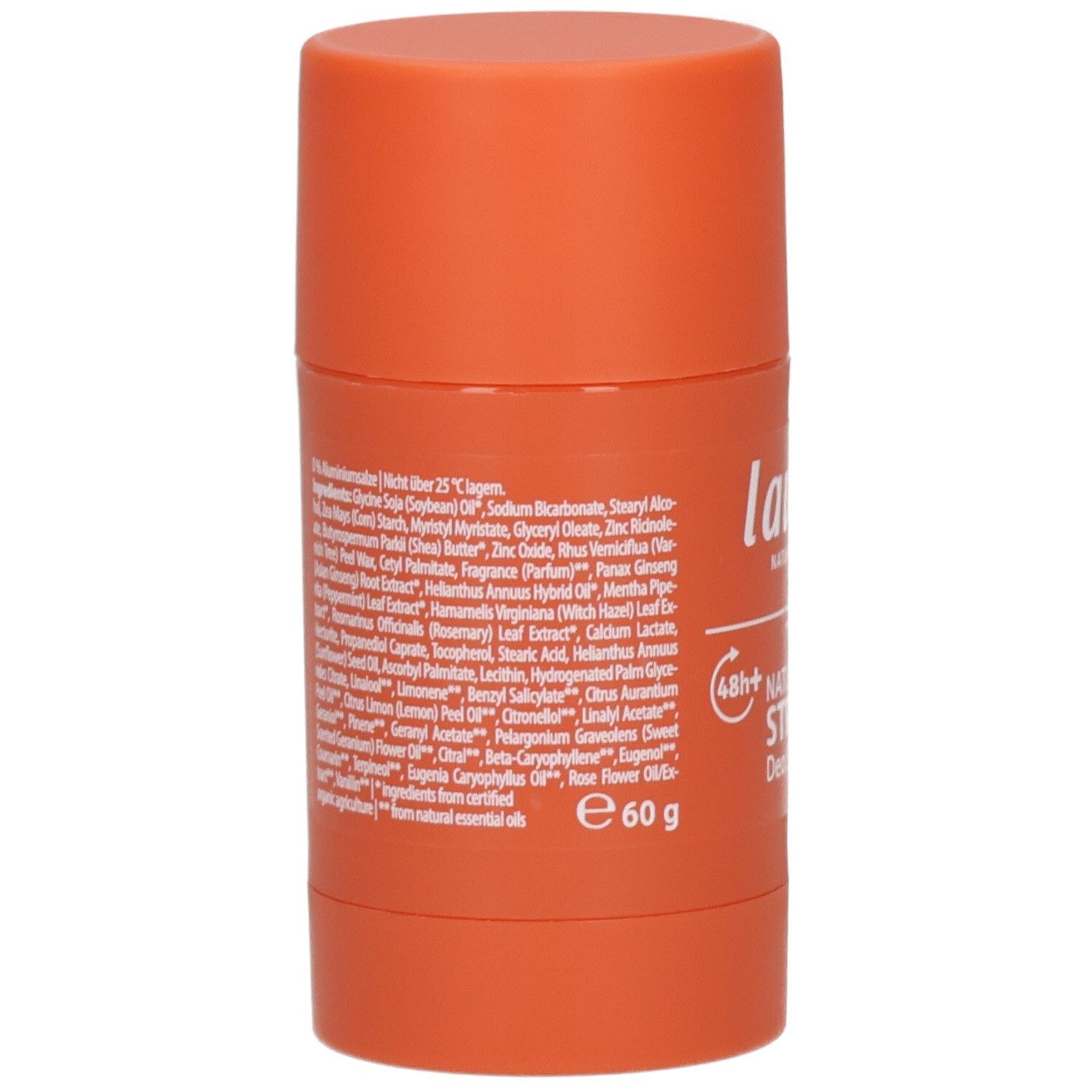Rückseite Lavera Deo Stick Natural & Strong mit Inhaltsstoffangaben, 60g.