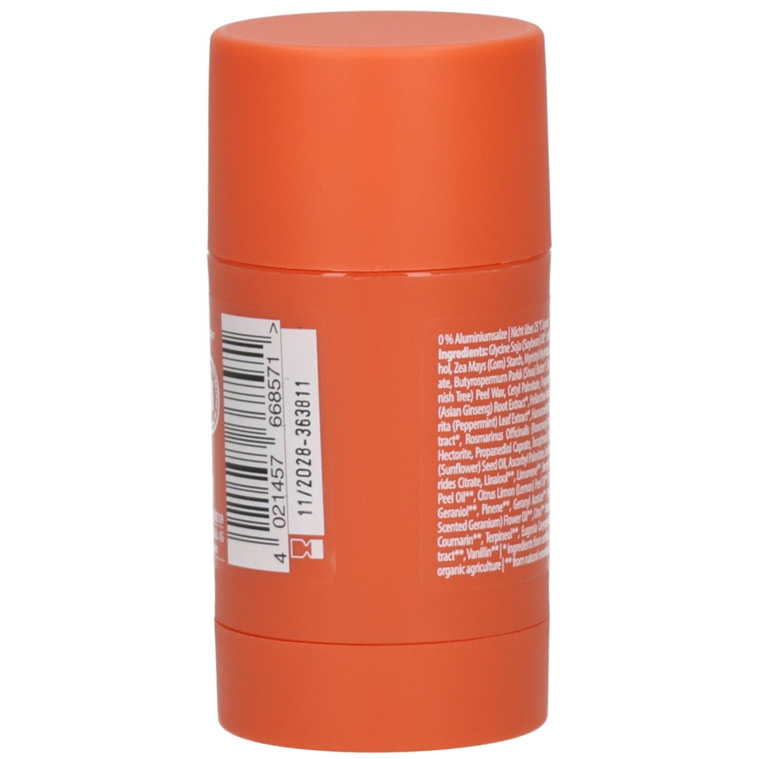 Seite Lavera Deo Stick Natural & Strong mit Barcode und Produktinformationen.