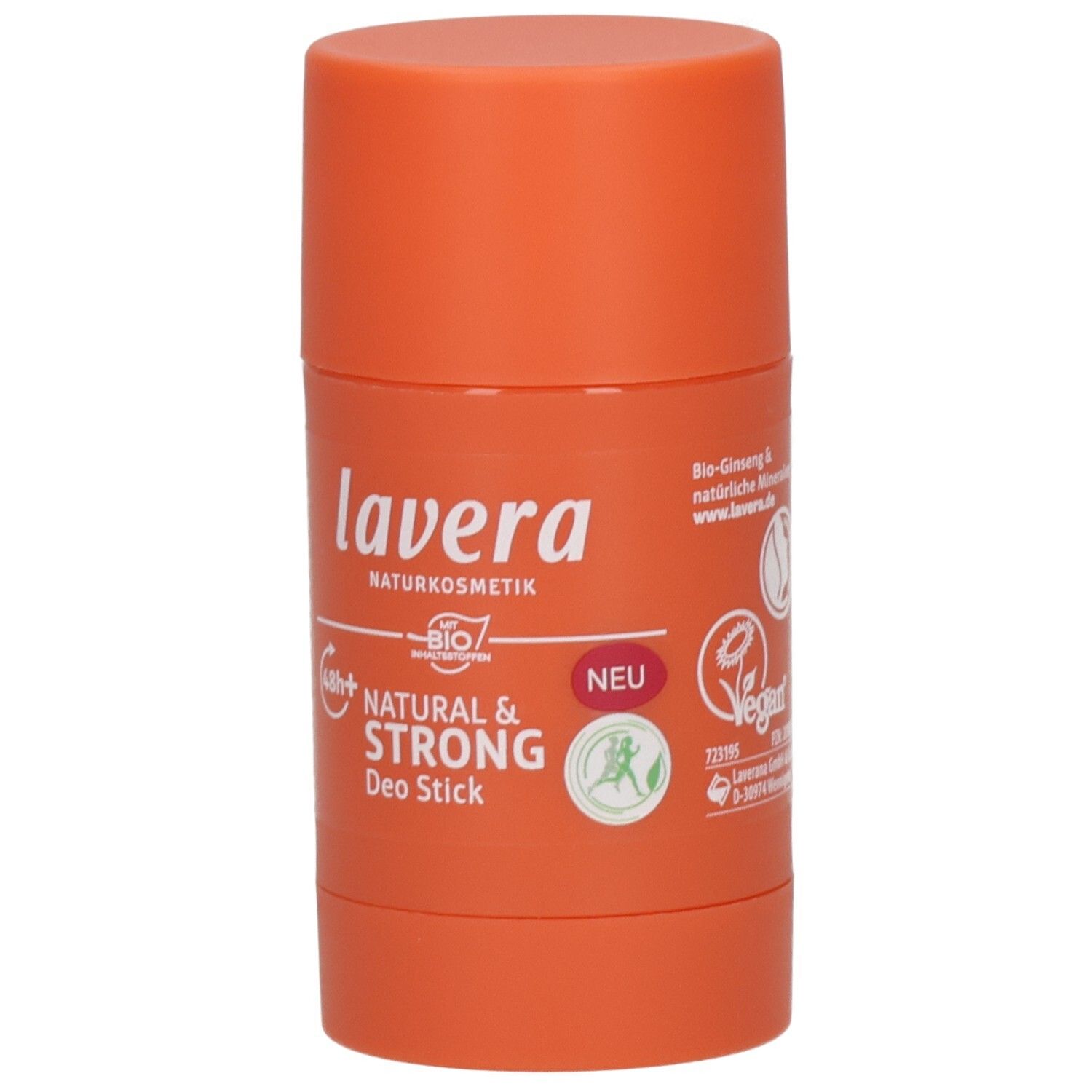 Lavera Deo Stick Natural & Strong, orangefarbener Behälter, mit Siegeln für Bio und Vegan.