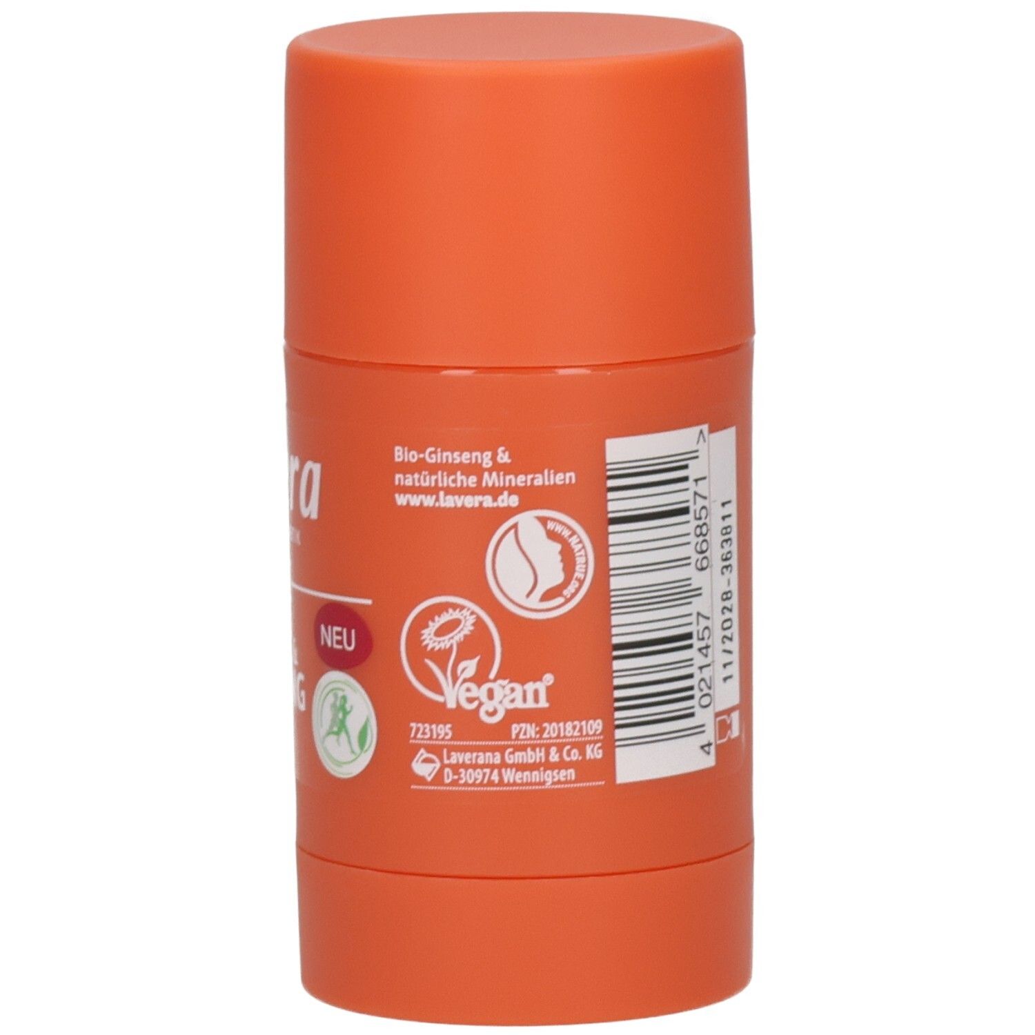 Rückseite Lavera Deo Stick Natural & Strong mit Siegeln, Barcode und Herstellerangaben.