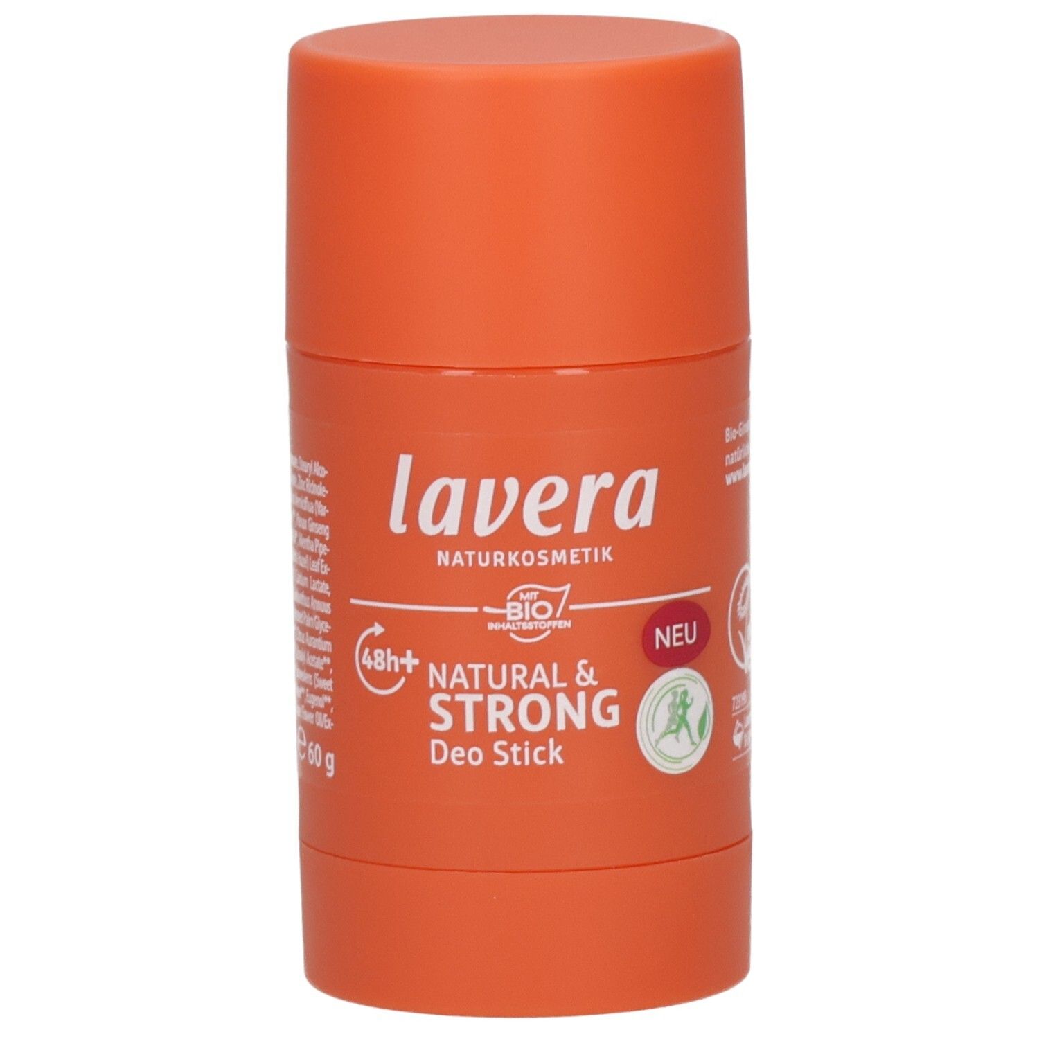 Lavera Deo Stick Natural & Strong, 60g, orangefarbener Behälter, Vorderansicht.