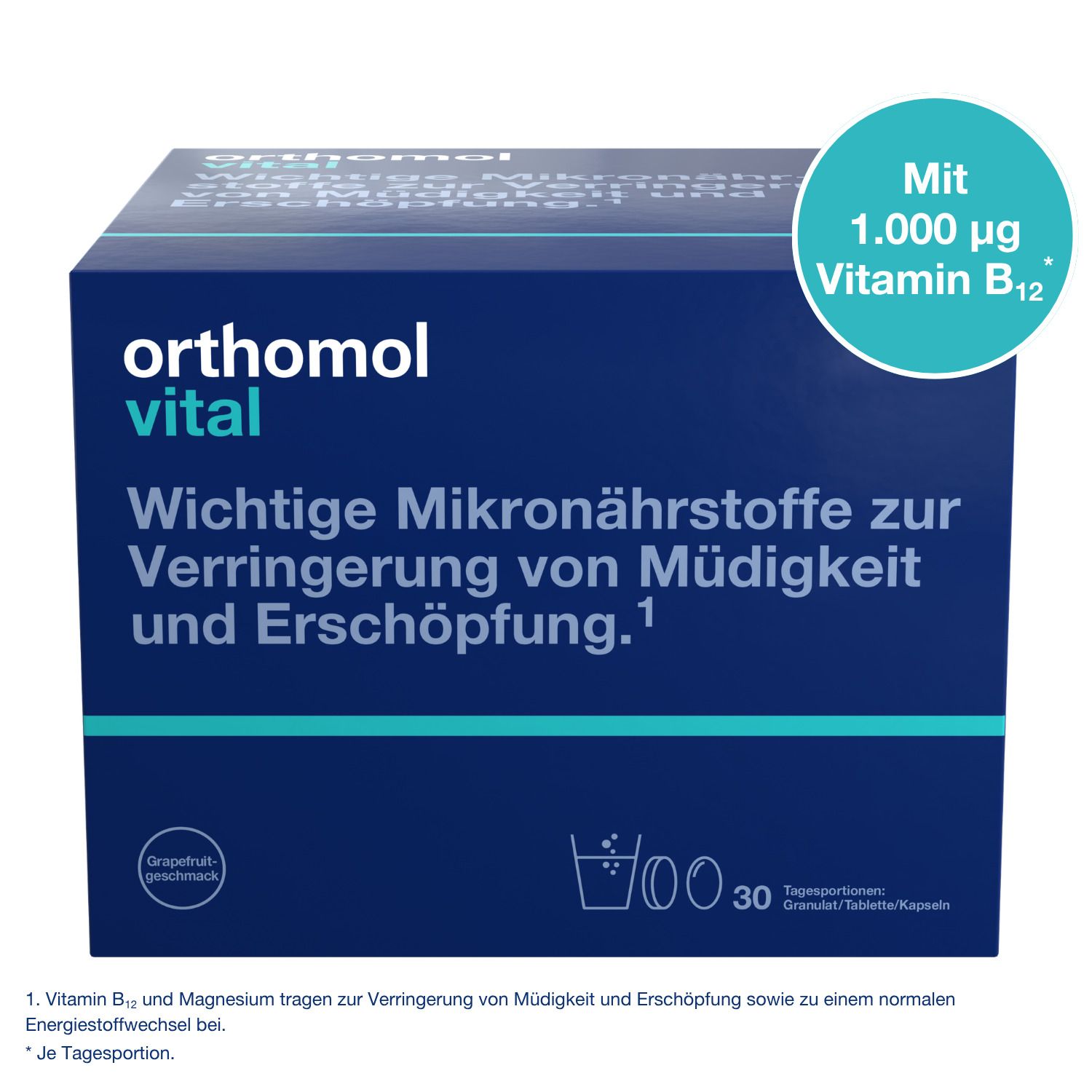 Orthomol Vital Packung: Mikronährstoffe zur Verringerung von Müdigkeit und Erschöpfung.