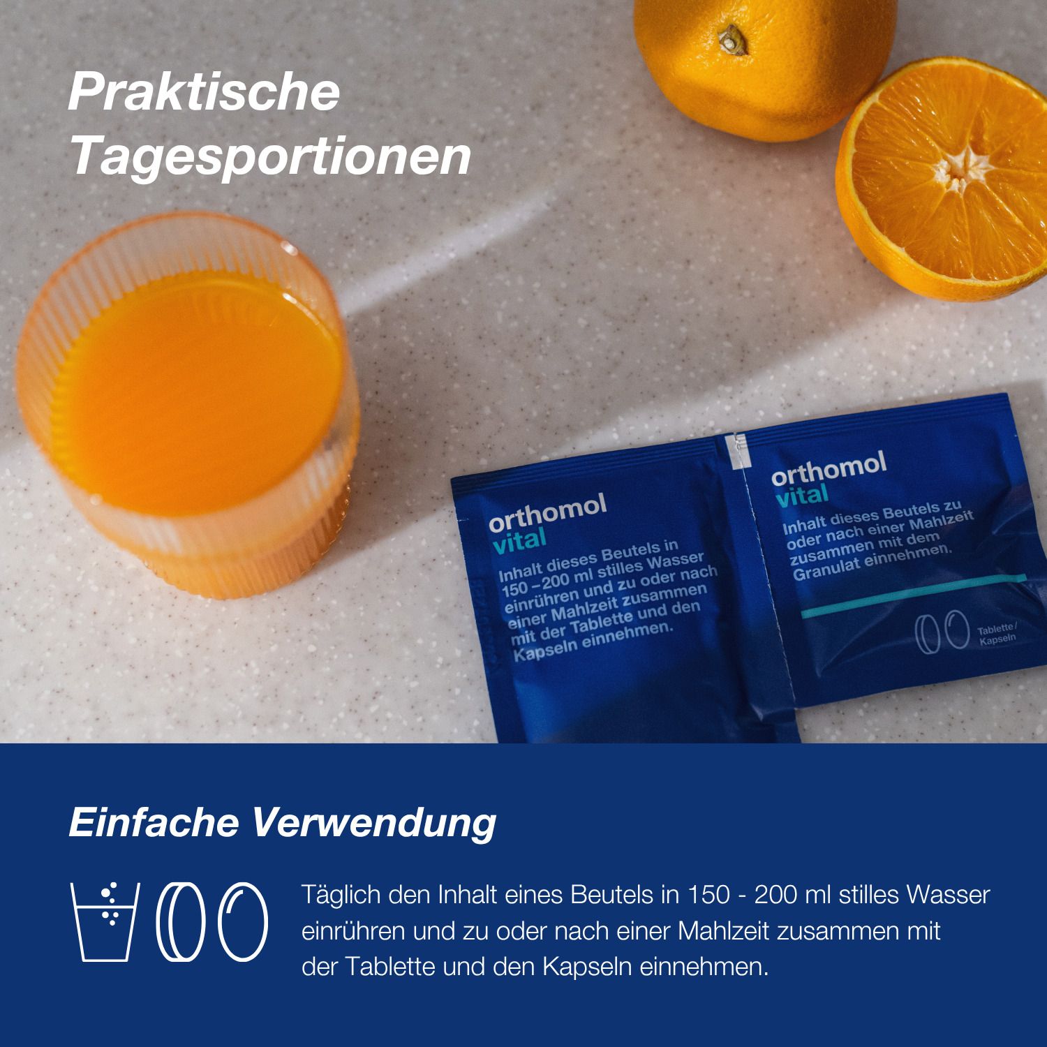 Orthomol Vital: Granulat und Kapseln zur Einnahme mit stillem Wasser nach dem Essen.