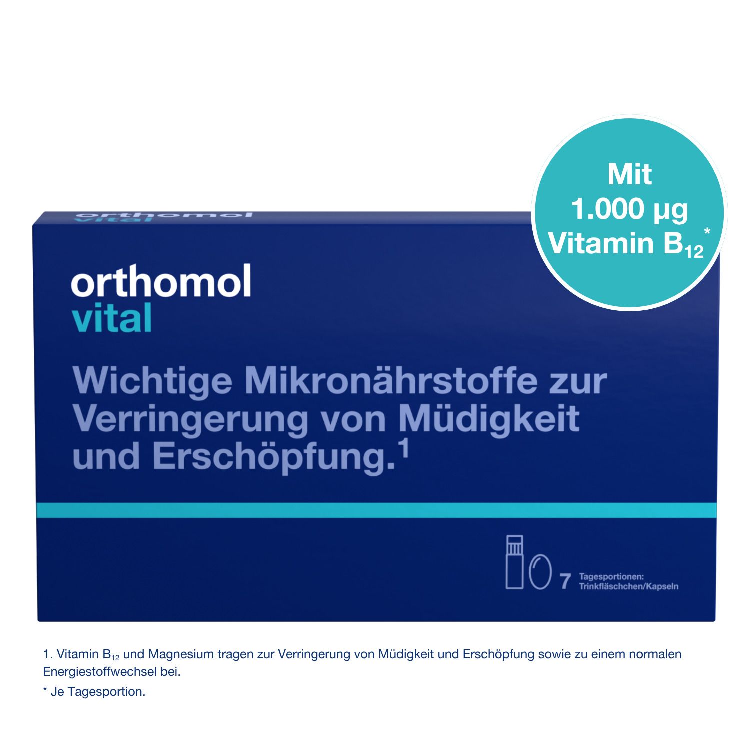 Orthomol Vital Packung mit wichtigen Mikronährstoffen zur Verringerung von Müdigkeit und Erschöpfung.