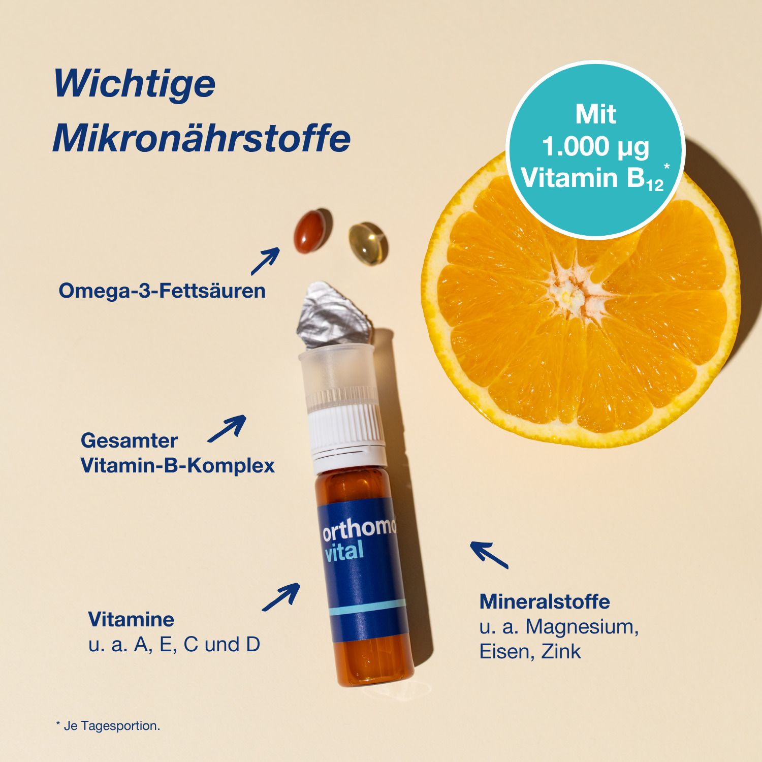 Orthomol Vital Trinkampulle mit Vitaminen, Mineralstoffen, Omega-3 und B-Komplex neben einer Orange.