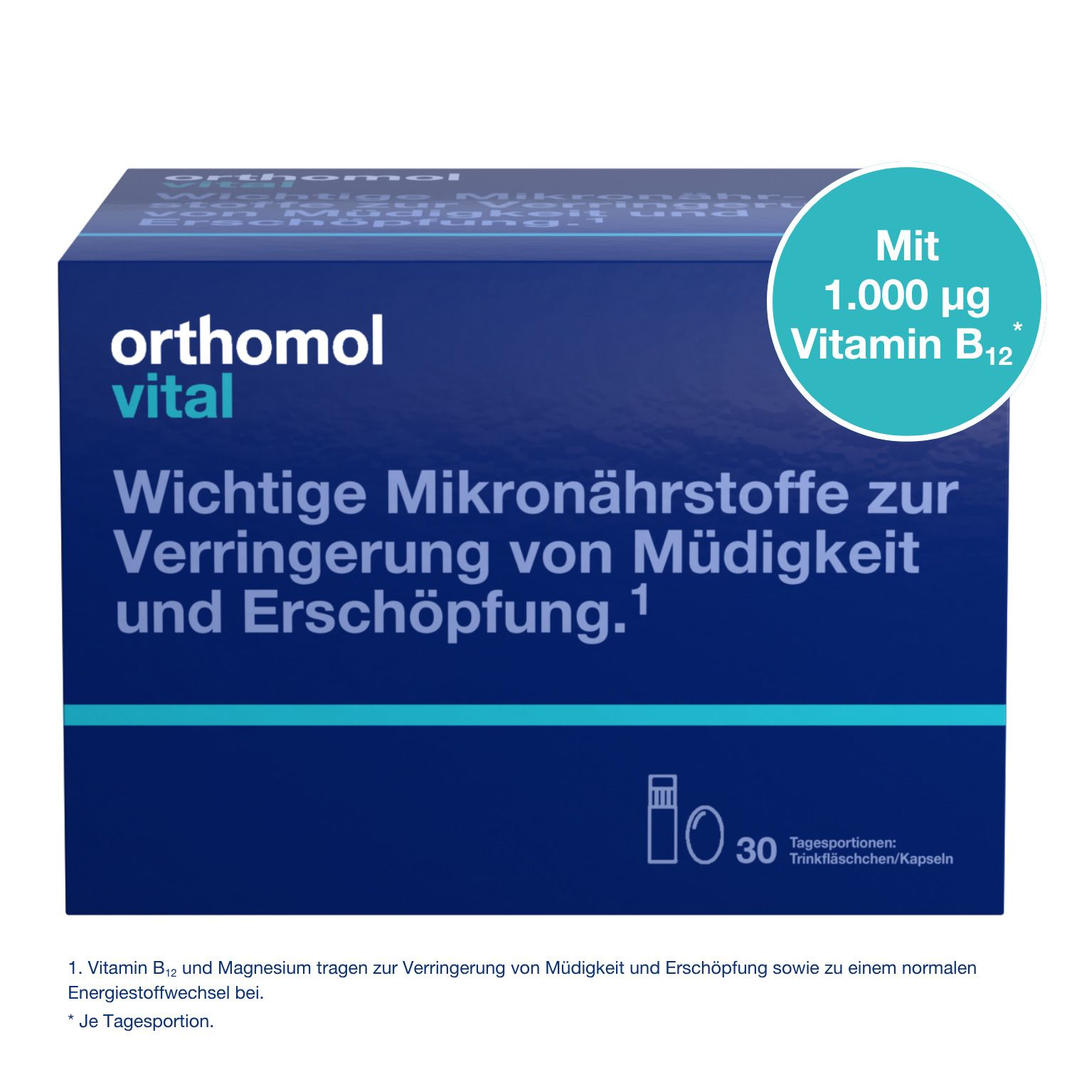 Orthomol Vital Packung: Wichtige Mikronährstoffe zur Verringerung von Müdigkeit und Erschöpfung.