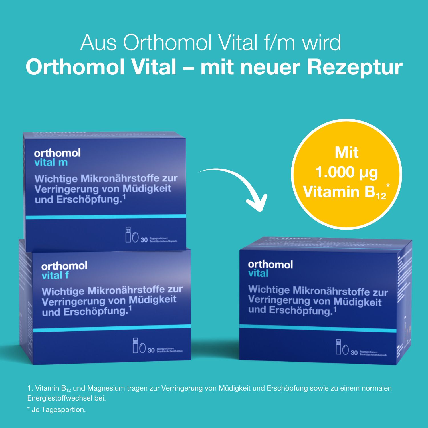 Orthomol Vital: Umstellung auf neue Rezeptur mit 1.000 µg Vitamin B12 pro Tagesportion.