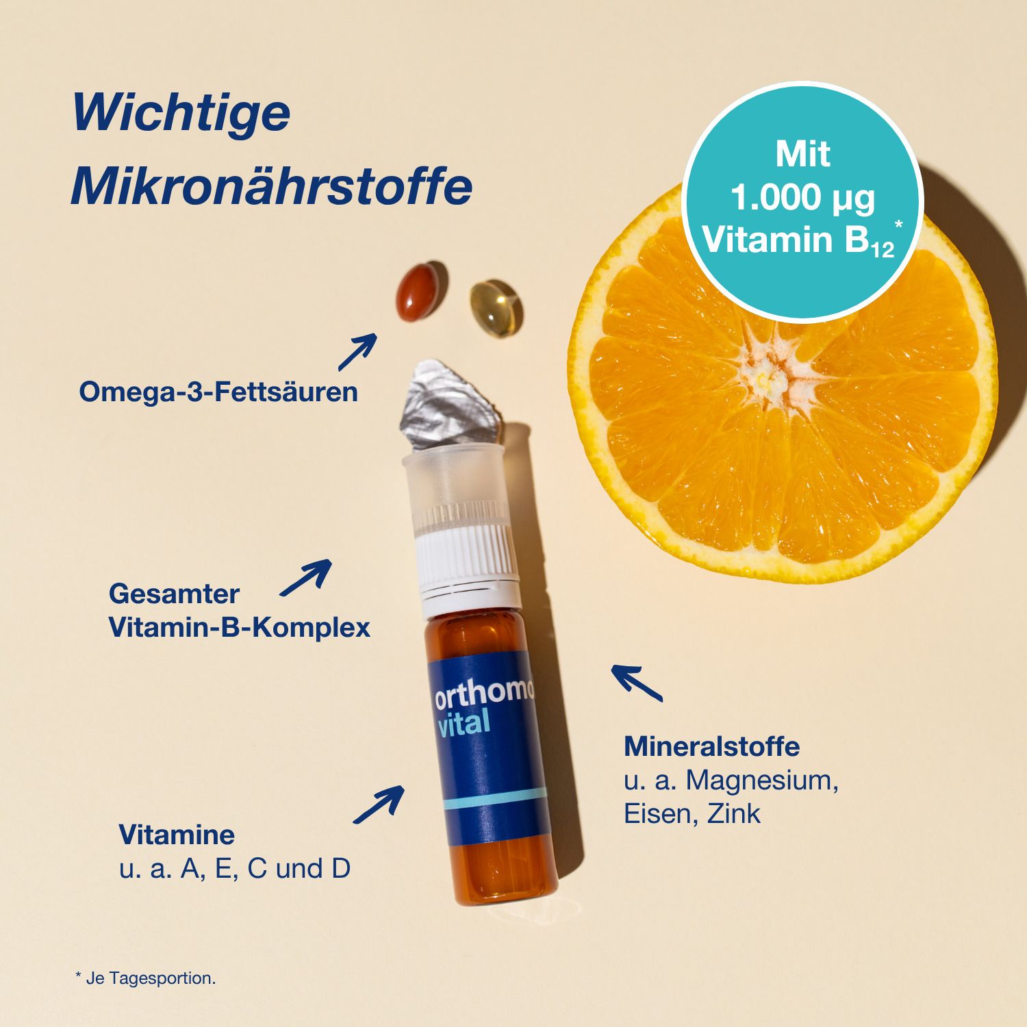 Orthomol Vital: Mikronährstoffe mit Vitamin-B-Komplex, Omega-3, Vitaminen und Mineralstoffen.