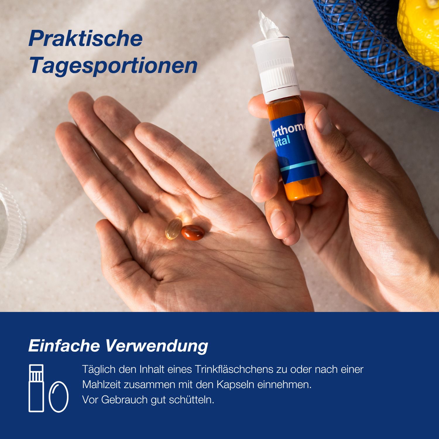 Orthomol Vital Trinkfläschchen und Kapseln in der Hand: Einfache Anwendung.