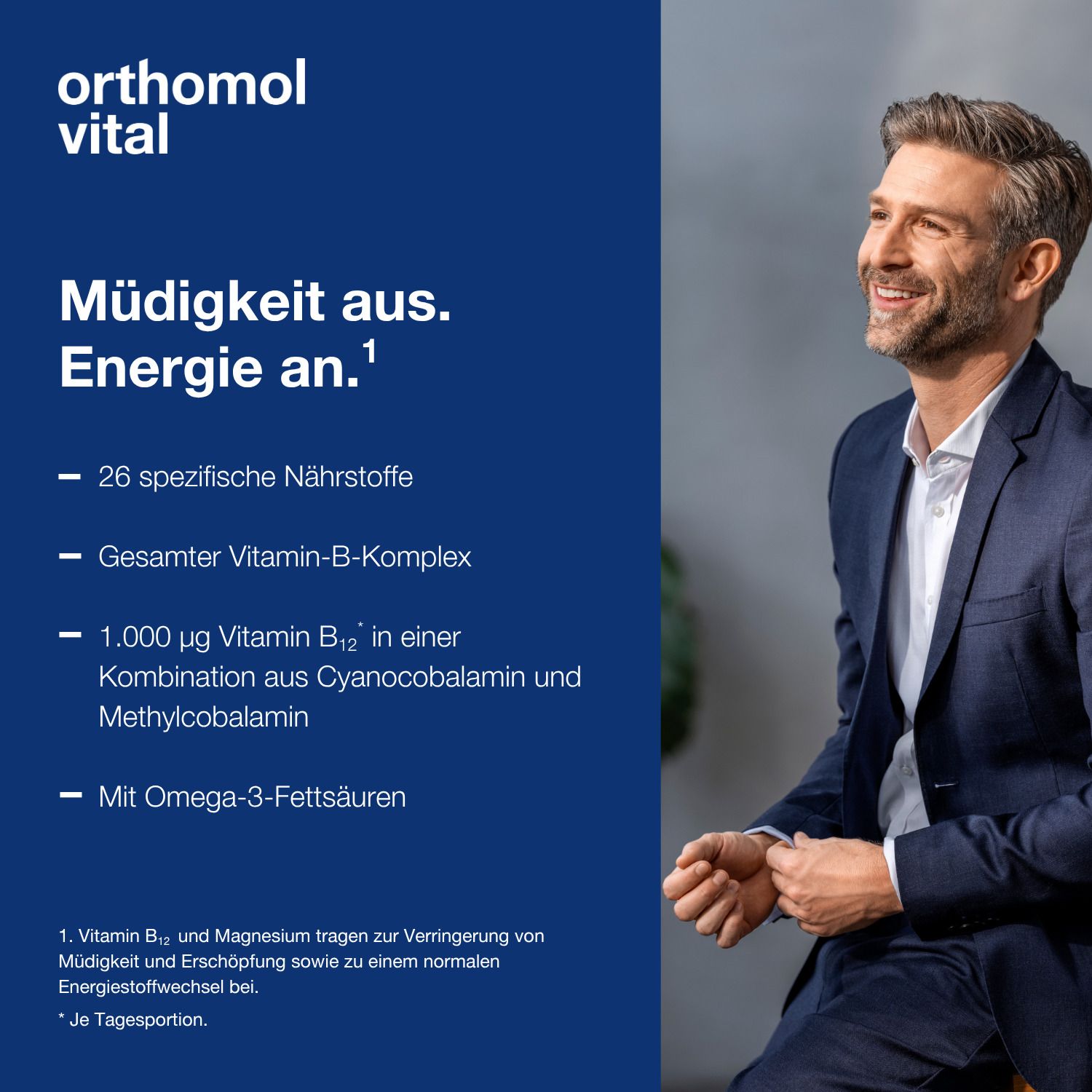 Mann mit Orthomol Vital: 26 Nährstoffe, B-Vitamin-Komplex, Omega-3.