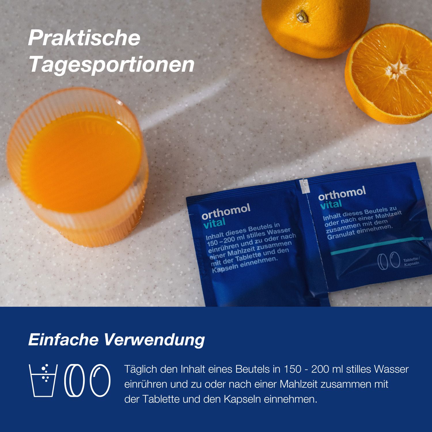 Orthomol Vital Beutel mit Orangensaft, praktische Tagesportionen.