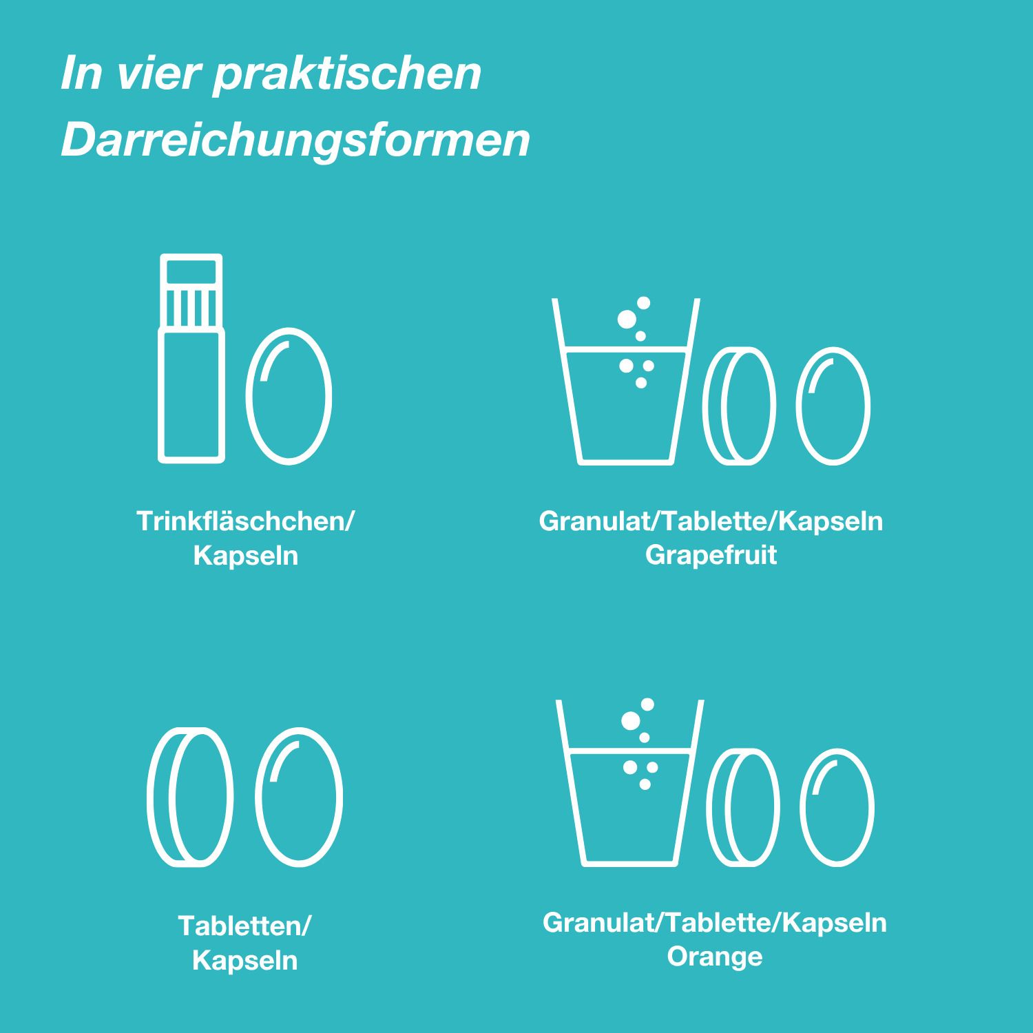 Vier Darreichungsformen von Orthomol Vital: Granulat, Tabletten, Kapseln.