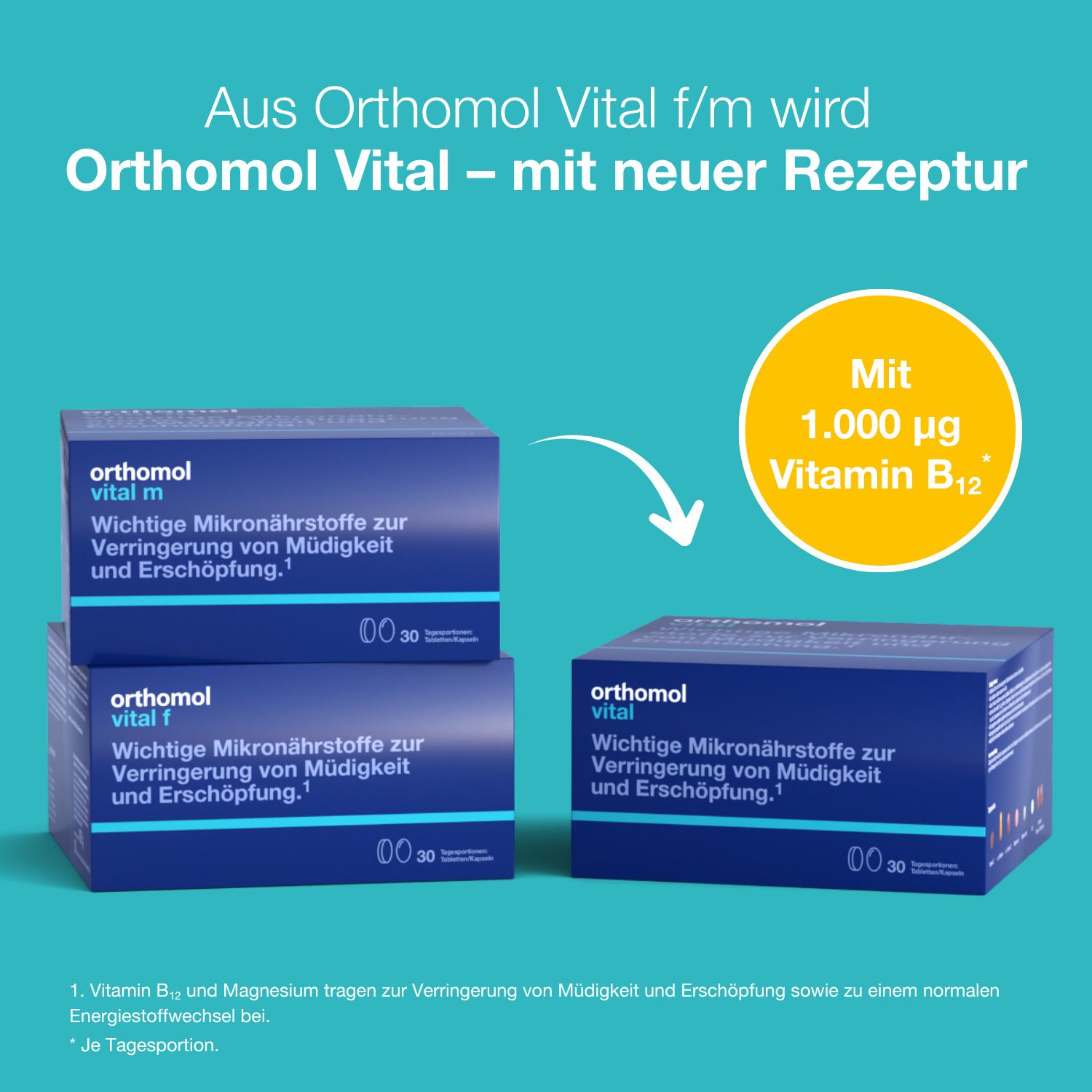 Orthomol Vital: Umstellung von Vital f/m auf Vital mit neuer Rezeptur. Enthält 1.000 µg Vitamin B12.