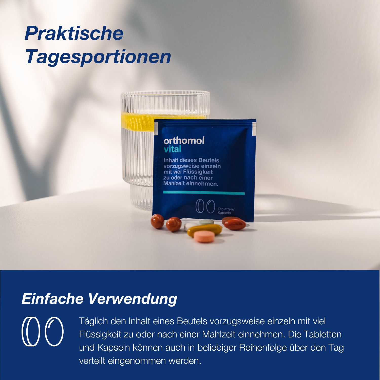 Orthomol Vital: Praktische Tagesportionen. Inhalt eines Beutels mit viel Flüssigkeit einnehmen.